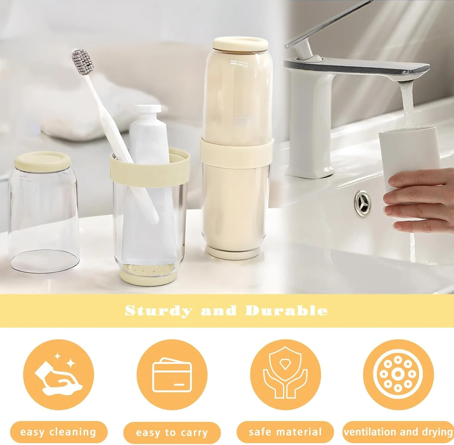 جا مسواکی سفری با ۴ فنجان و ۵ پوشش مسواک، جا مسواکی خانوادگی برای مسافرت با سوراخ های تهویه، جا مسواکی برای نگهداری خمیر دندان و حوله (زرد) جا مسواکی سفری با ۴ فنجان و ۵ پوشش مسواک، جا مسواکی خانوادگی برای مسافرت با سوراخ های تهویه، جا مسواکی برای نگهداری خمیر دندان و حوله (زرد)