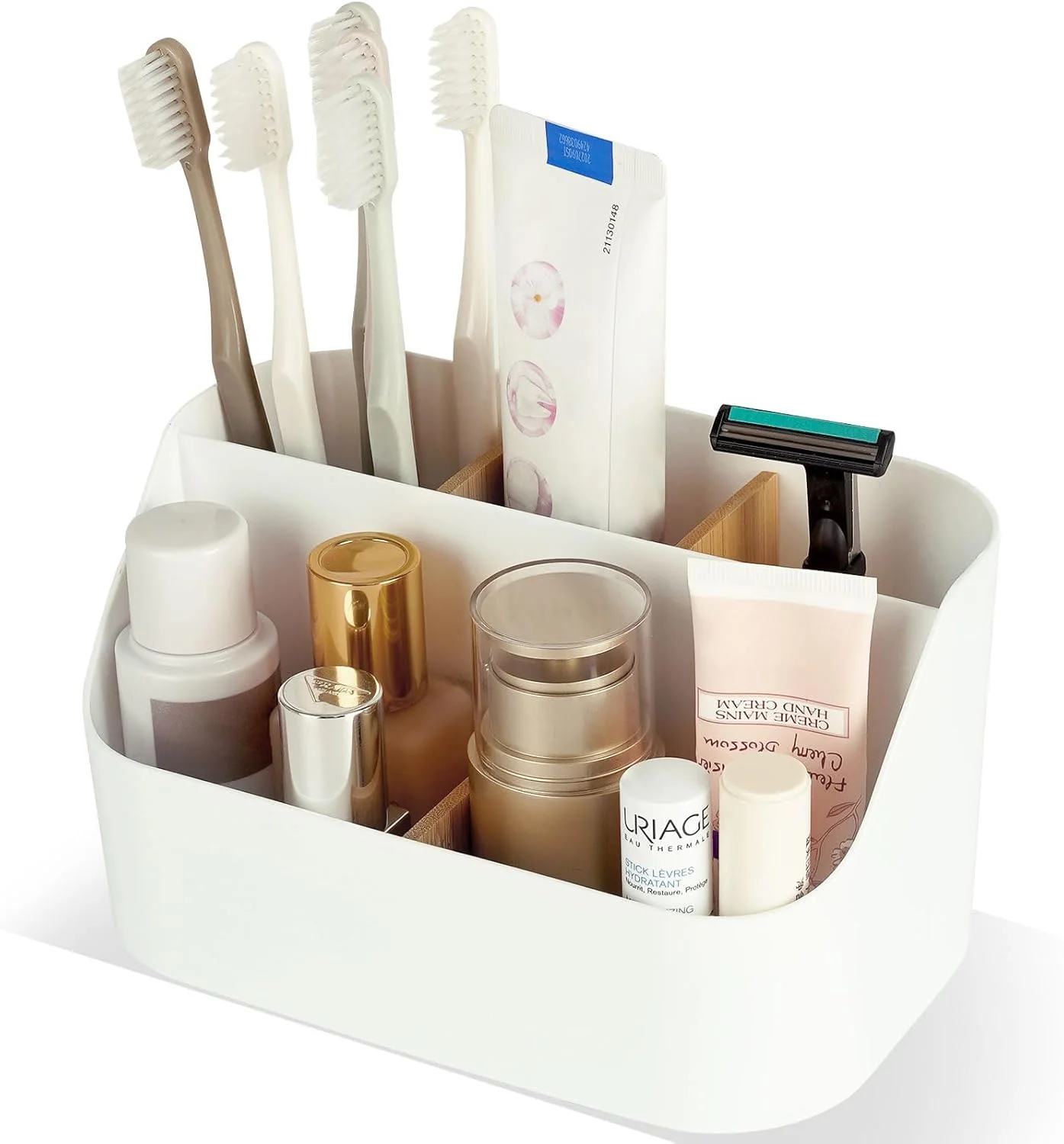 جا مسواکی 5 قسمتی برای حمام - نگهدارنده مسواک برقی و خمیر دندان با قابلیت نصب روی دیوار و نگهداری روی میز، قفسه مسواک صرفه جویی در فضا و لوازم جانبی حمام (سفید)