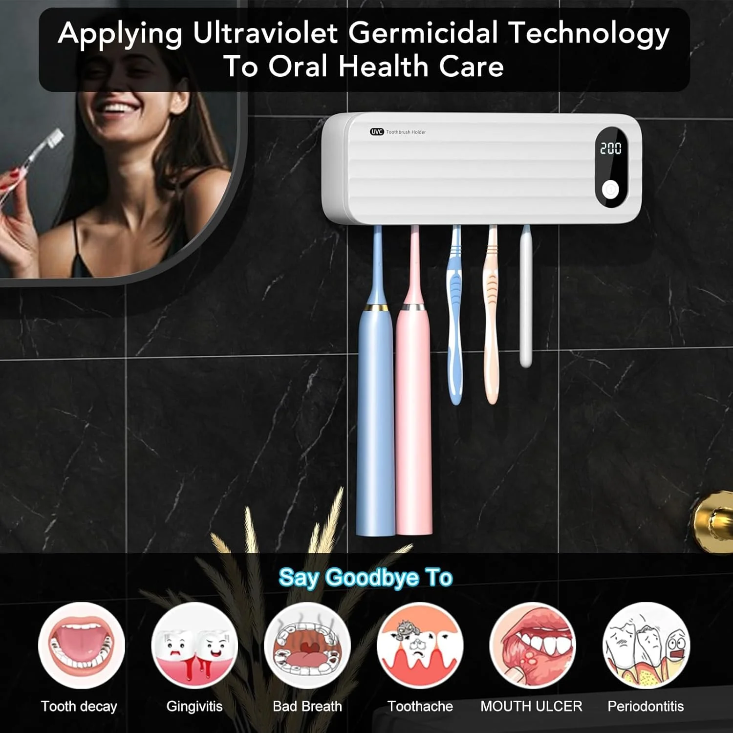 دستگاه ضدعفونی کننده مسواک UV کاست ویو، دارای 5 جایگاه، استریلیزه کننده و تمیز کننده مسواک، قابل نصب روی دیوار، دارای عملکرد استریلیزاسیون و تایمر، شارژی، بدون سیم، نگهدارنده مسواک حمام بدون نیاز به سوراخ کاری