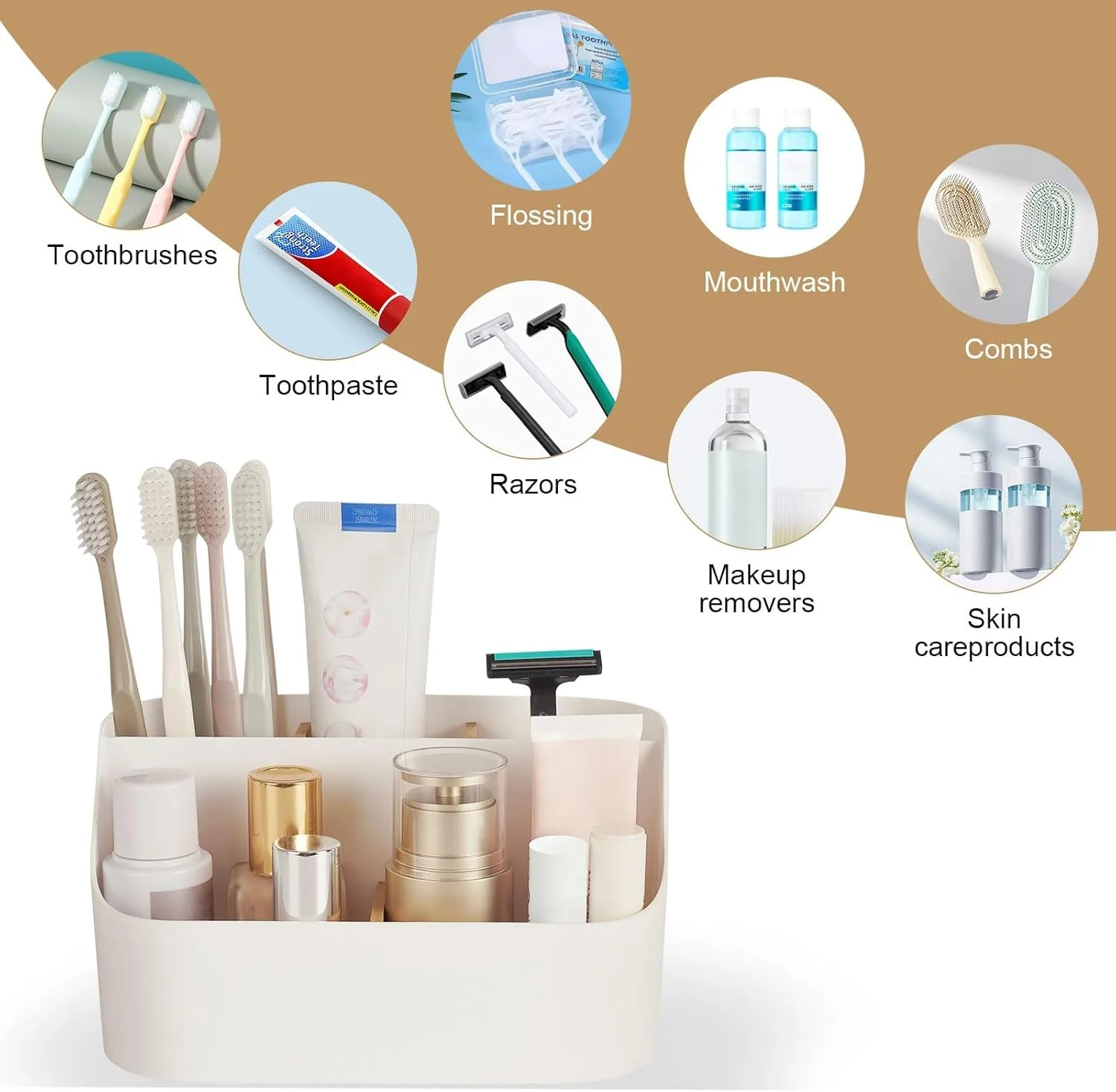 جا مسواکی 5 قسمتی برای حمام - نگهدارنده مسواک برقی و خمیر دندان با قابلیت نصب روی دیوار و نگهداری روی میز، قفسه مسواک صرفه جویی در فضا و لوازم جانبی حمام (سفید)