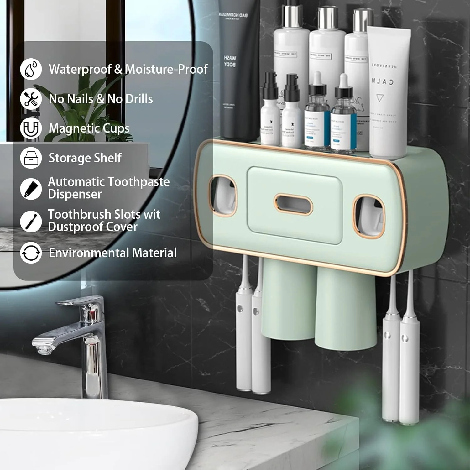 نگهدارنده مسواک برای حمام، نگهدارنده مسواک دیواری با 2 فنجان، همراه با پخش کننده خمیر دندان، سینی با ظرفیت بزرگ، کشوی لوازم آرایشی - نگهدارنده مسواک و لوازم جانبی حمام، 2 فنجان، سبز نگهدارنده مسواک برای حمام، نگهدارنده مسواک دیواری با 2 فنجان، همراه با پخش کننده خمیر دندان، سینی با ظرفیت بزرگ، کشوی لوازم آرایشی - نگهدارنده مسواک و لوازم جانبی حمام، 2 فنجان، سبز