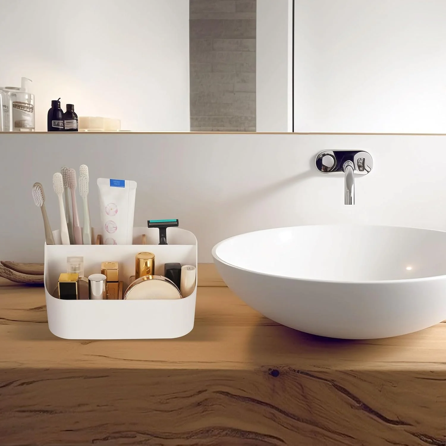 جا مسواکی 5 قسمتی برای حمام - نگهدارنده مسواک برقی و خمیر دندان با قابلیت نصب روی دیوار و نگهداری روی میز، قفسه مسواک صرفه جویی در فضا و لوازم جانبی حمام (سفید)