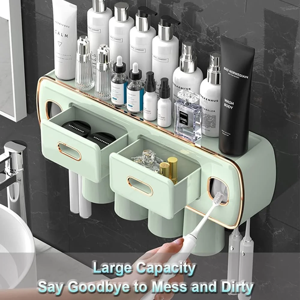 نگهدارنده مسواک برای حمام، نگهدارنده مسواک دیواری با 2 فنجان، همراه با پخش کننده خمیر دندان، سینی با ظرفیت بزرگ، کشوی لوازم آرایشی - نگهدارنده مسواک و لوازم جانبی حمام، 2 فنجان، سبز نگهدارنده مسواک برای حمام، نگهدارنده مسواک دیواری با 2 فنجان، همراه با پخش کننده خمیر دندان، سینی با ظرفیت بزرگ، کشوی لوازم آرایشی - نگهدارنده مسواک و لوازم جانبی حمام، 2 فنجان، سبز