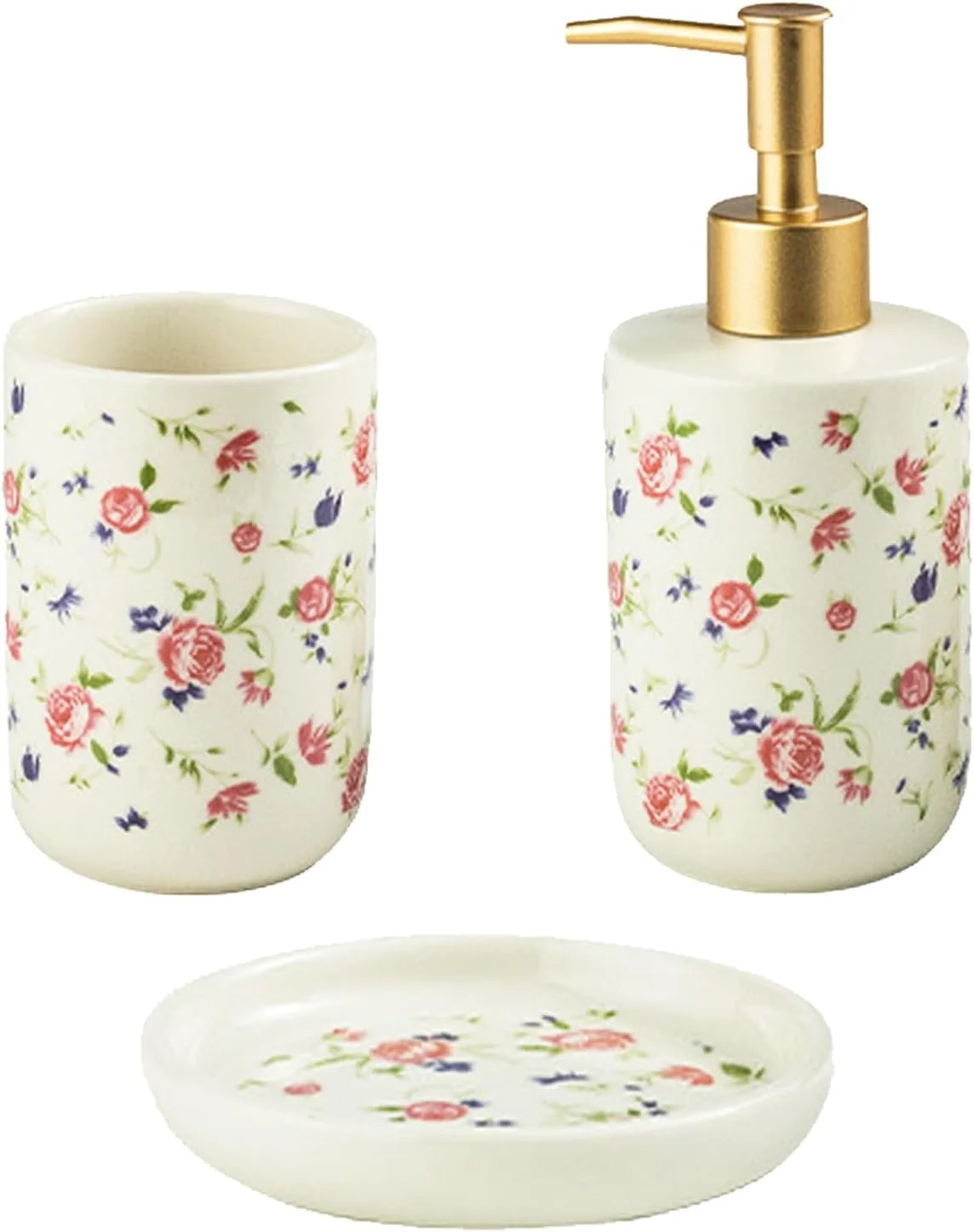 ست لوازم جانبی حمام KASTWAVE، 3 تکه لوازم جانبی حمام سرامیکی سفید رز، جا مایع صابون، جا صابونی و جا مسواکی، طرح های زیبا و منحصر به فرد قدیمی، هدیه برای مادر، همسر، دختر