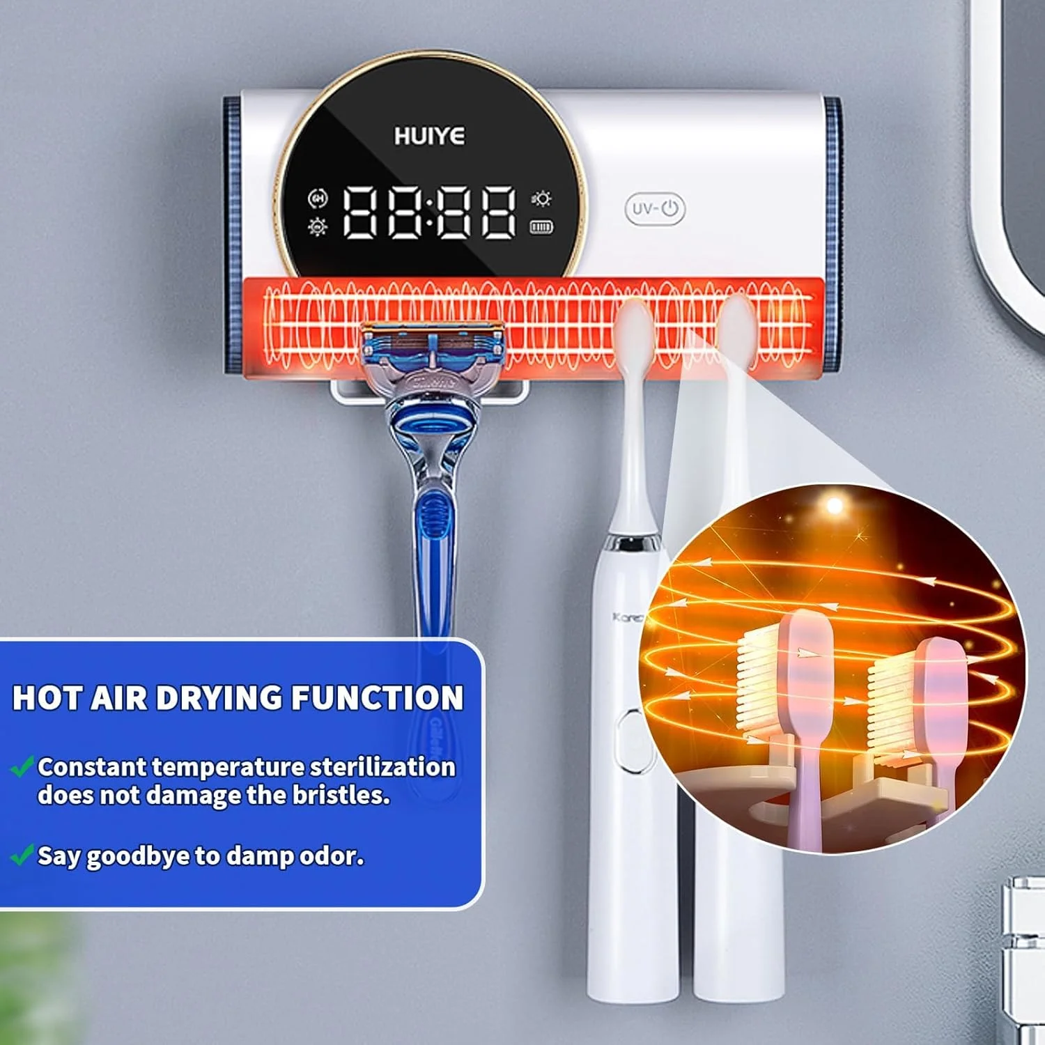 نگهدارنده مسواک KASTWAVE برای حمام، نگهدارنده مسواک UVC، نگهدارنده مسواک برقی با قابلیت تمیز کردن و خشک کردن، نگهدارنده مسواک دیواری با 2 جای مسواک و 1 جای تیغ، سفید