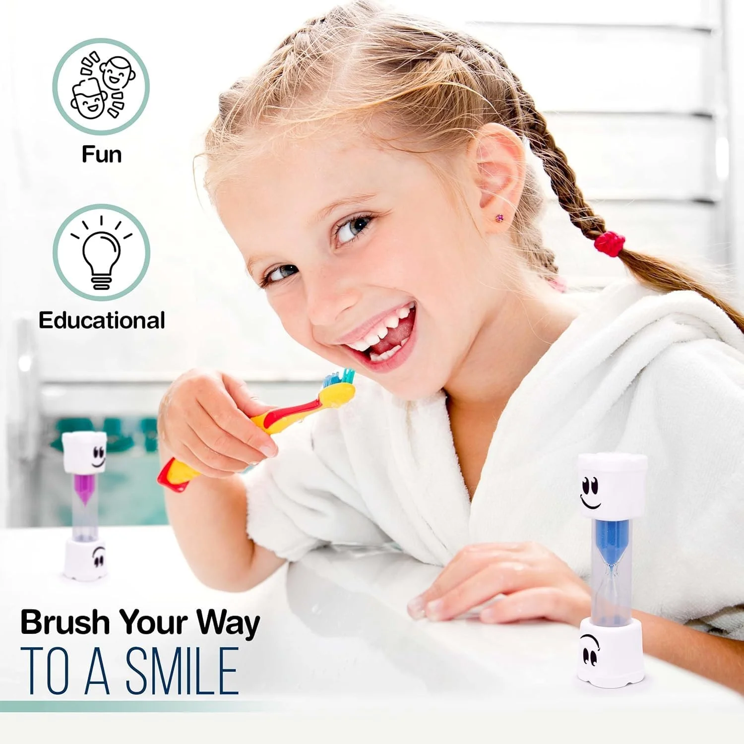 تایمر مسواک برای کودکان، تایمر شنی ۲ دقیقه ای با طرح لبخند برای مسواک زدن، ساعت شنی آکریلیک برای مسواک زدن دندان کودکان پسر و دختر، مجموعه 4 عددی، آبی، صورتی، زرد و سبز