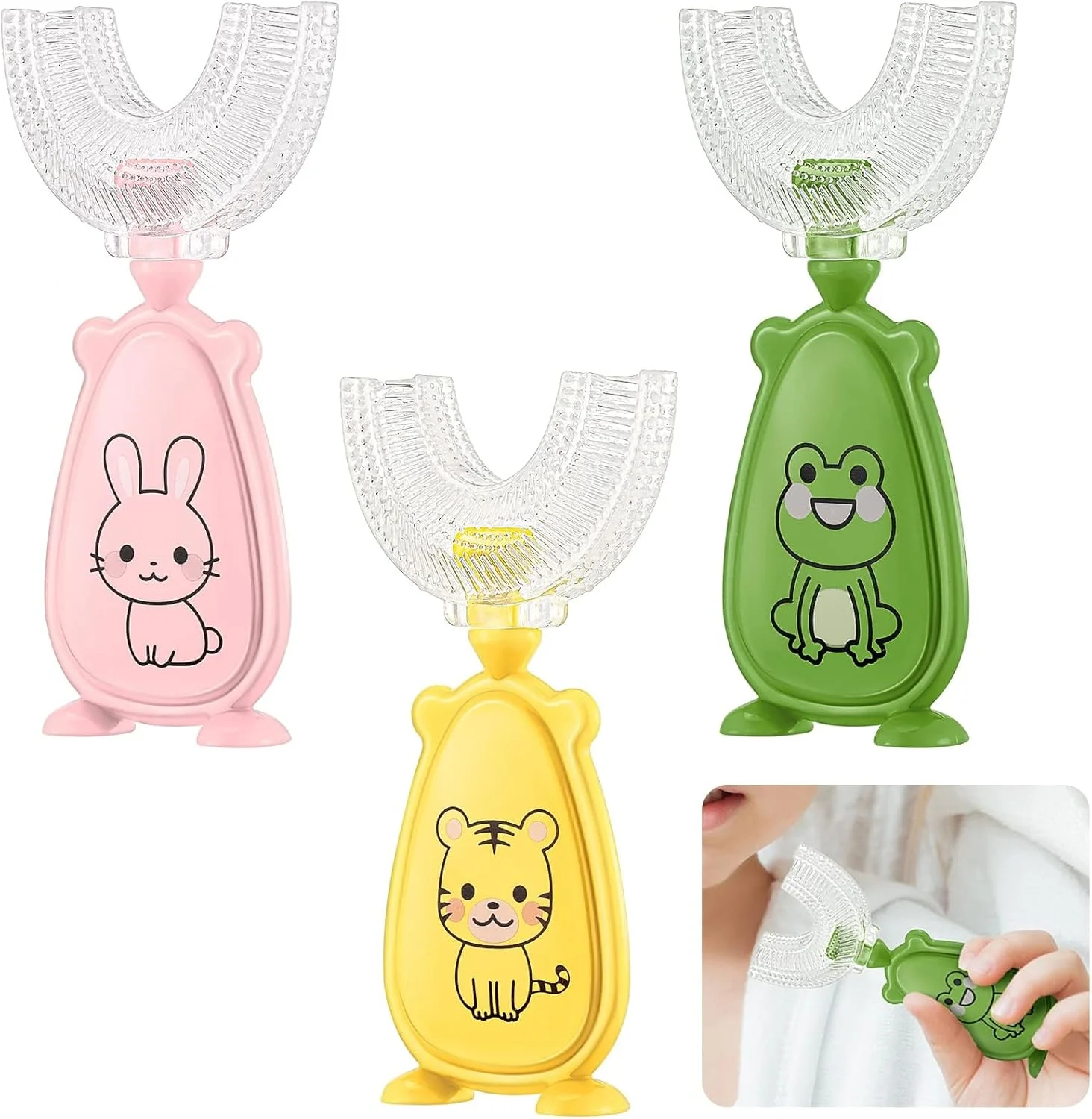 مسواک های U شکل کودکانه KASTWAVE، بسته 3 عددی، با برس های سیلیکونی نرم - طراحی تمیز کننده 360 درجه برای کودکان 2 تا 6 سال (طرح حیوانات)