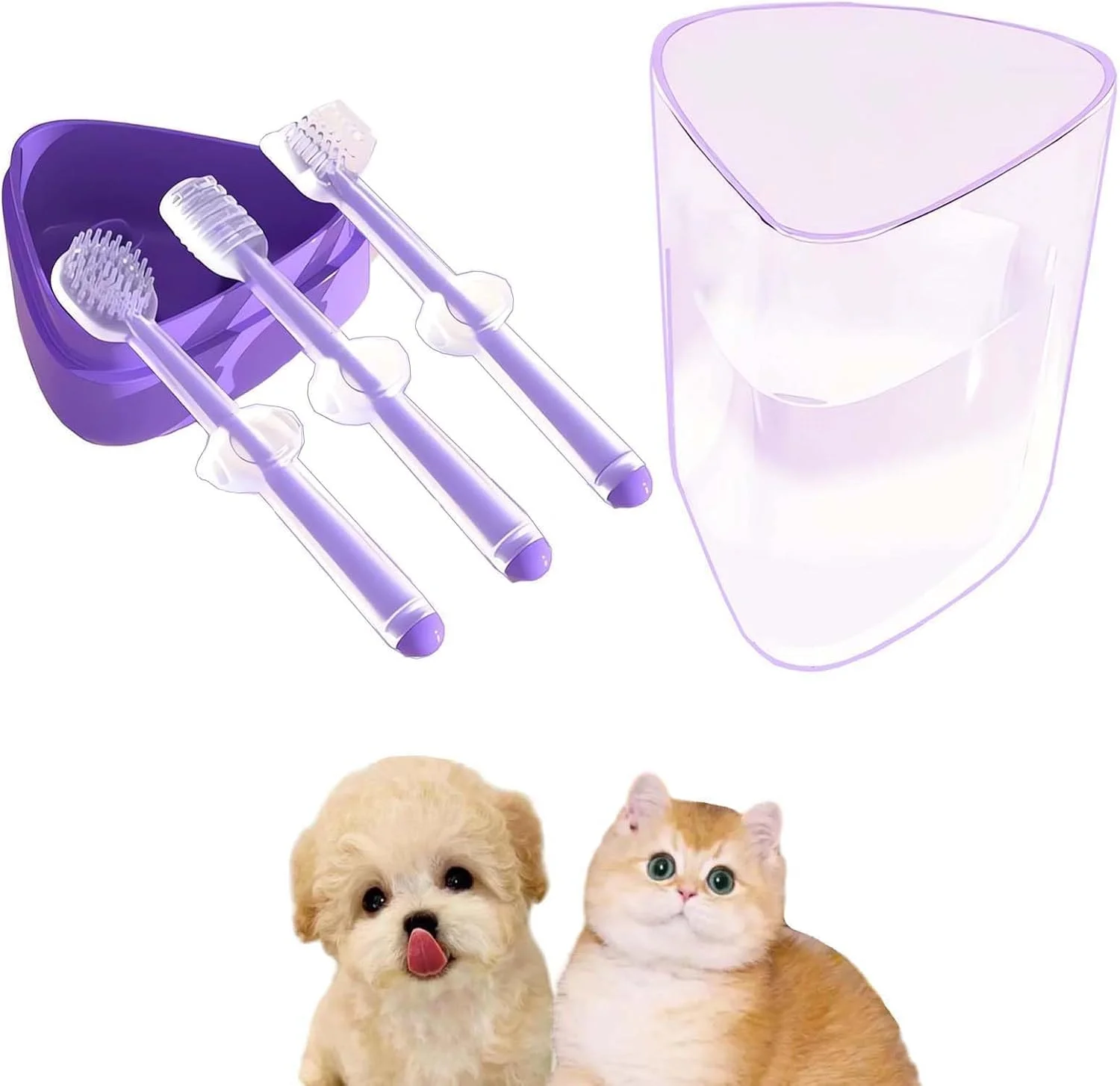 کیت مسواک سگ و گربه 360 درجه KASTWAVE، طراحی 3 در 1، برس زبان و 3 طرفه، بنفش، سیلیکونی، دستی، بسته 3 عددی