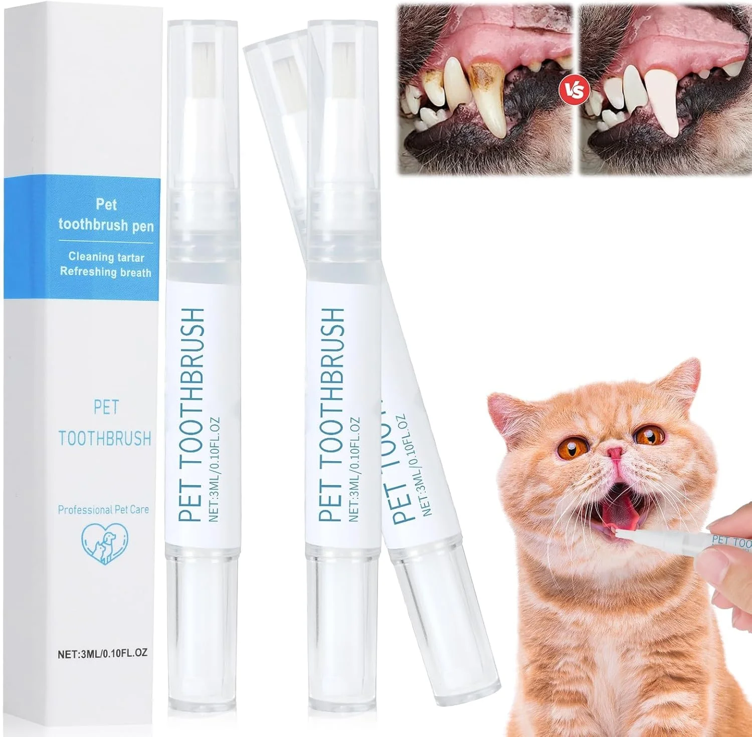 مراقبت از دهان و دندان سگ و گربه KASTWAVE، ست 3 عددی قلم تمیز کننده مسواک حیوانات خانگی، از بین برنده جرم دندان، سفید کننده و تمیز کننده دندان، قلم روشن کننده دندان برای سگ و گربه، مراقبت از دندان حیوانات خانگی با تنفس تازه