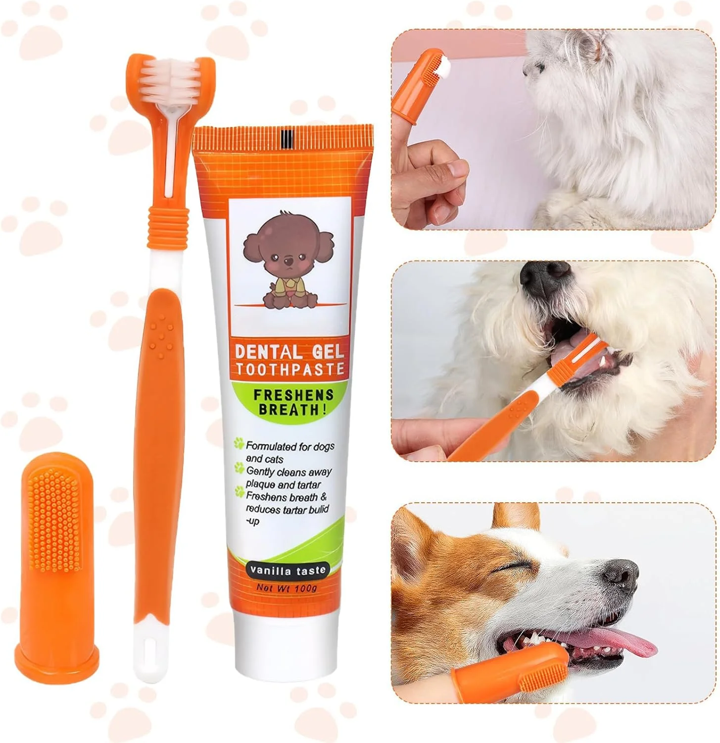 کیت بهداشت دهان و دندان حیوانات خانگی، 3 تکه شامل مسواک نرم سه طرفه، مسواک انگشتی و خمیر دندان سگ، راه حل آسان برای تنفس تازه، دندان های تمیز، کنترل پلاک و جرم، مراقبت کامل از دندان حیوانات خانگی