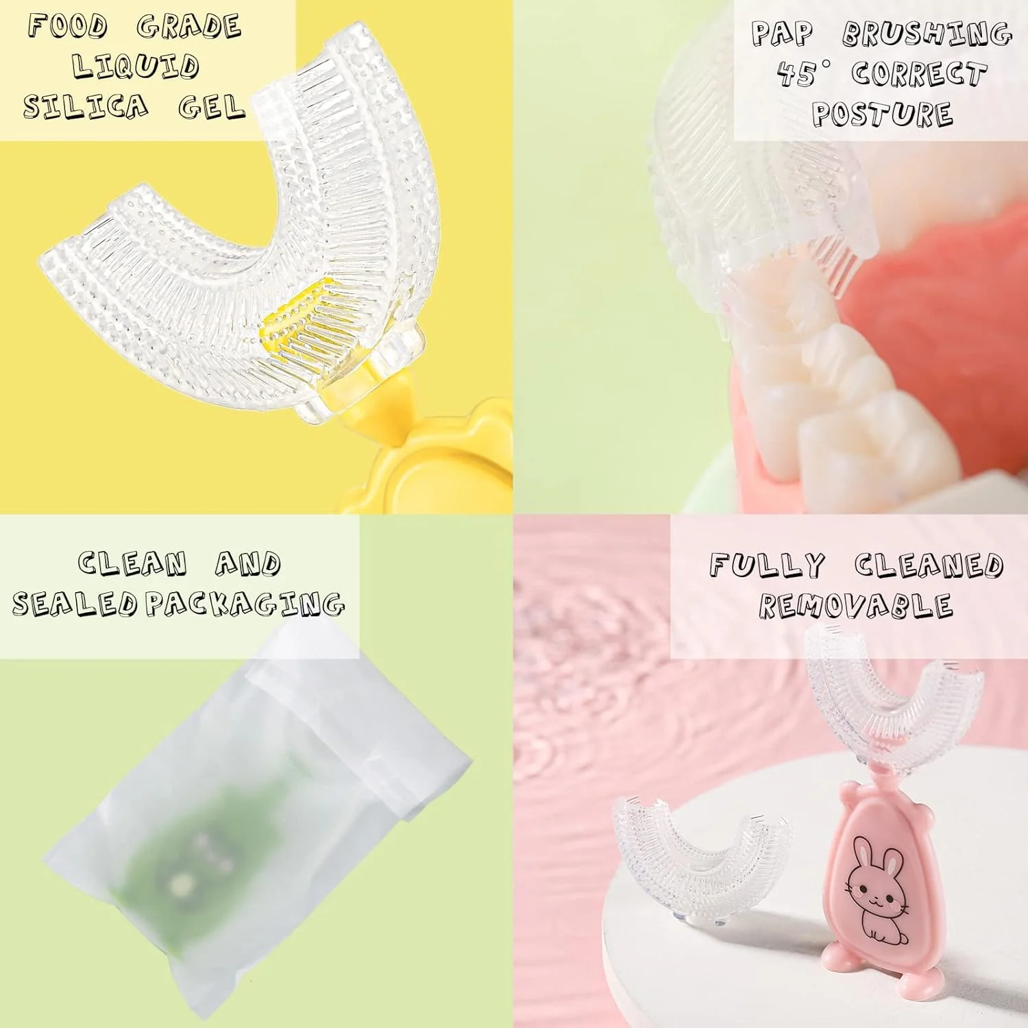 مسواک بچگانه KASTWAVE، بسته 3 عددی، مسواک U شکل کودکانه، مسواک کودک نوپا با برس سیلیکونی نرم، طراحی تمیز کننده 360 درجه دندان برای کودکان 2 تا 6 ساله (مدل حیوانی)