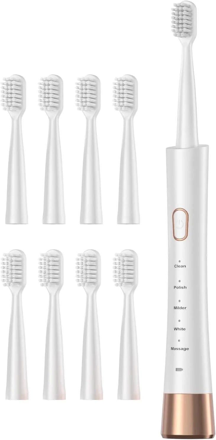 مسواک برقی KASTWAVE، مسواک های صوتی با 8 سری مسواک، 31000 VPM، 5 حالت و تایمر هوشمند 2 دقیقه ای، شارژ سریع 2 ساعته با ماندگاری 30 روز، مسواک برقی قابل شارژ برای بزرگسالان (سفید)