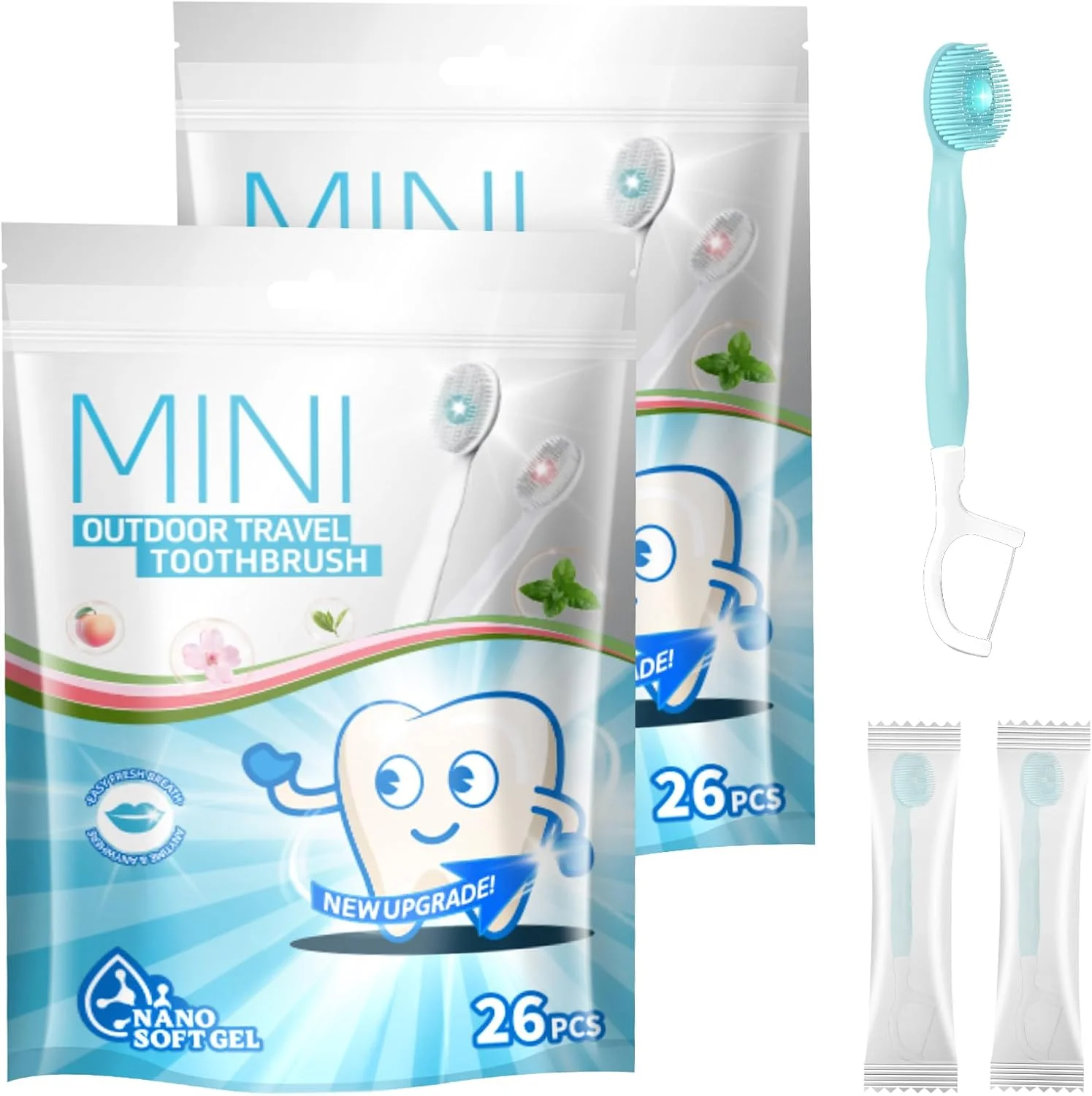 ست مسافرتی 26 عددی مسواک 5 در 1 KASTWAVE، مراقبت کامل دهان و دندان در یک مسواک، شامل خمیر دندان، تمیز کننده زبان، نخ دندان و خلال دندان، برای مسافرت، بسته بندی جداگانه (طعم نعناع)