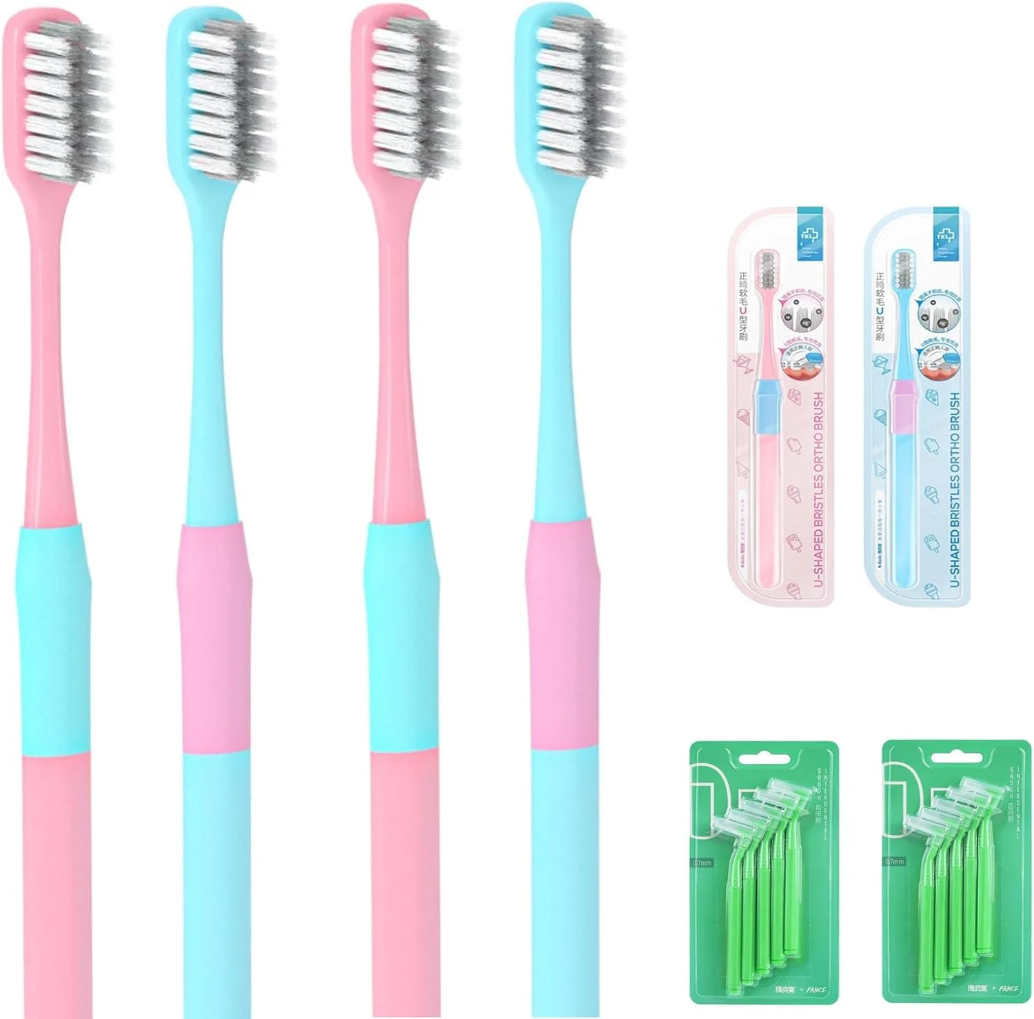 مسواک مخصوص ارتودنسی KASTWAVE، مسواک U شکل برای ارتودنسی، برس نرم (4 عدد) به همراه برس بین دندانی L (10 عدد)، Cepillo Ortodoncia