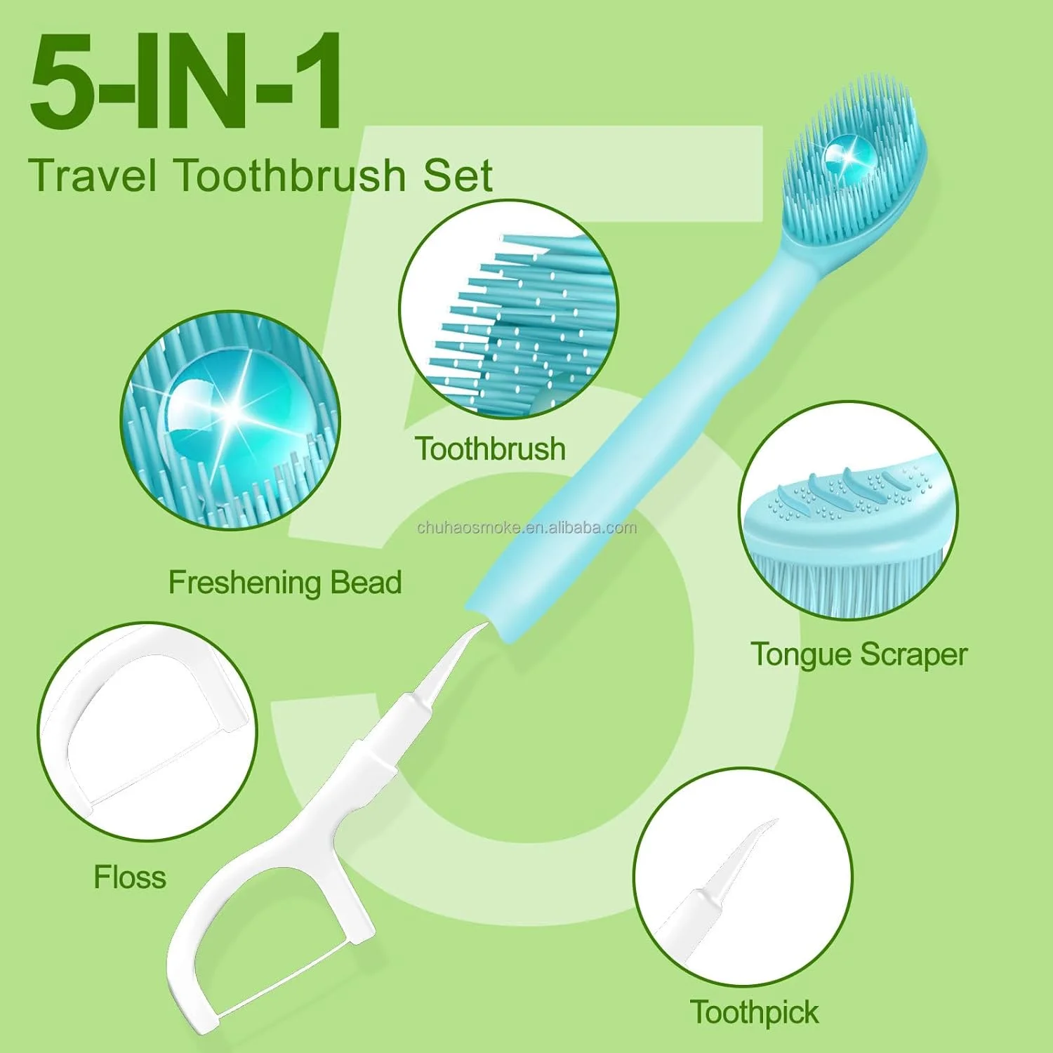 ست مسافرتی 26 عددی مسواک 5 در 1 KASTWAVE، مراقبت کامل دهان و دندان در یک مسواک، شامل خمیر دندان، تمیز کننده زبان، نخ دندان و خلال دندان، برای مسافرت، بسته بندی جداگانه (طعم نعناع)