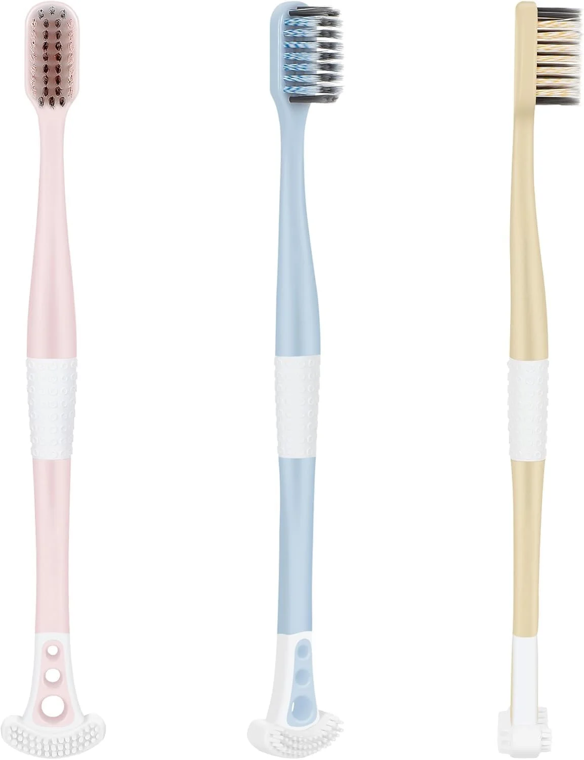 مسواک فوق العاده نرم با تمیز کننده زبان، مسواک دندان و لثه حساس با اسکرابر زبان و موهای نخ دندان برای بزرگسالان و کودکان، برس مراقبت از دهان و دندان مسافرتی برای تنفس تازه، بسته 3 عددی