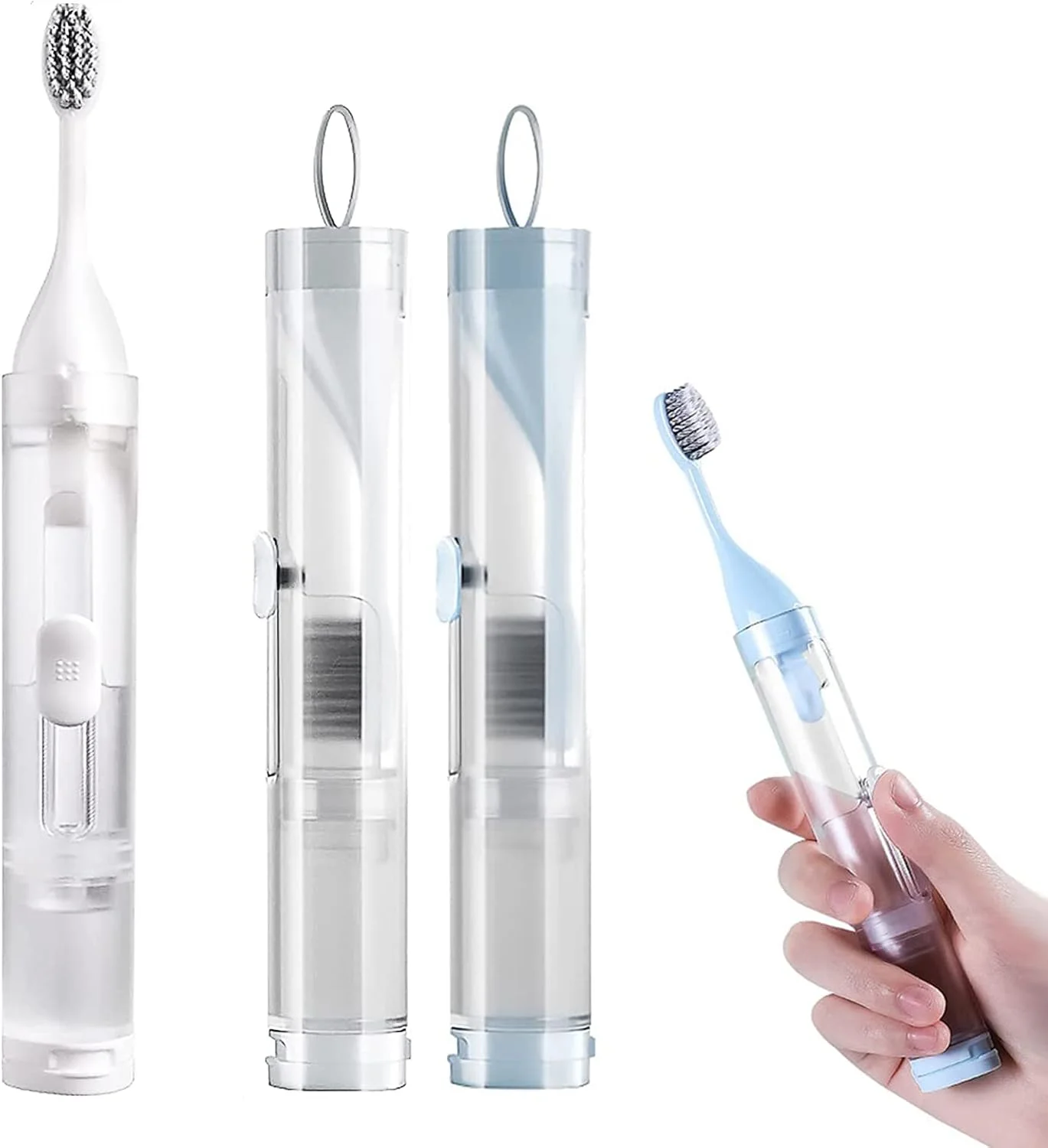 ست مسافرتی 2 عددی مسواک تاشو با محفظه خمیر دندان داخلی، KASTWAVE شامل 2 سر تمیز کننده نرم برای سفر، کمپینگ، مدرسه و سفر کاری (آبی، سفید)