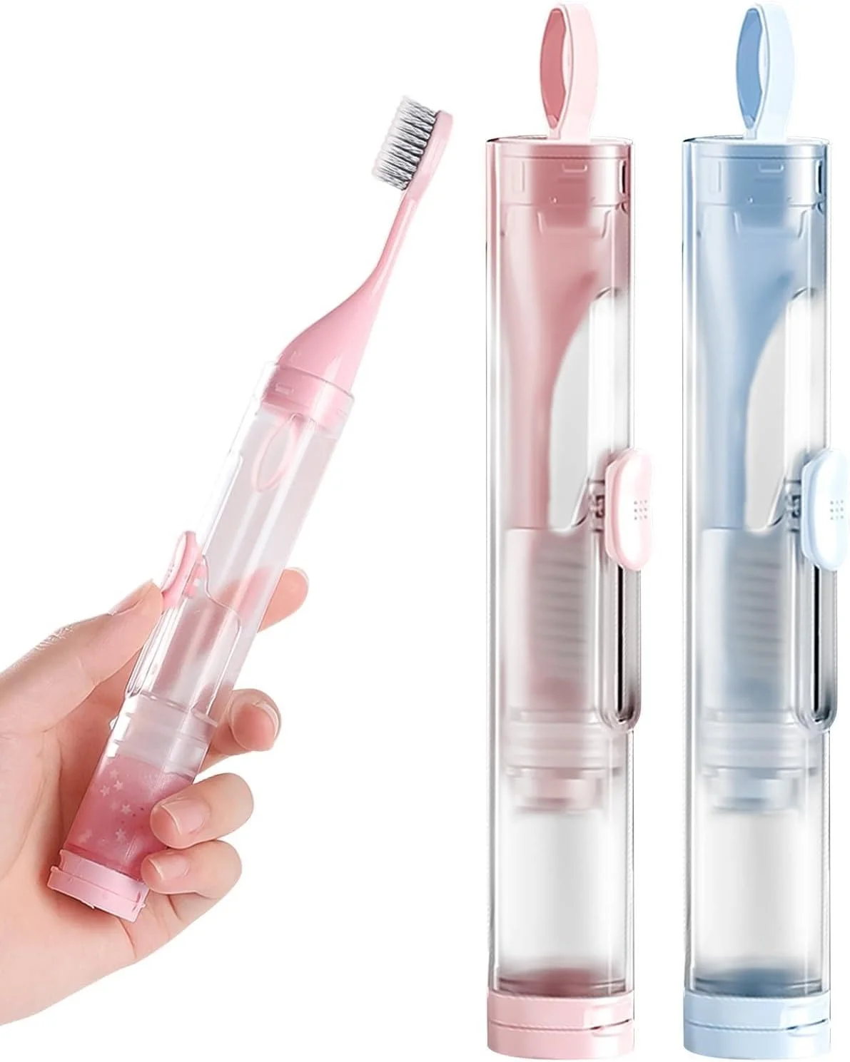 مسواک مسافرتی، 2 عدد قابل نگهداری در محفظه، جمع و جور و راحت، حمل آسان، برس های نرم مینی و دسته ارگونومیک، برای بزرگسالان و کودکان، برای سفر، کمپینگ، مدرسه، خانه، سفرهای کاری