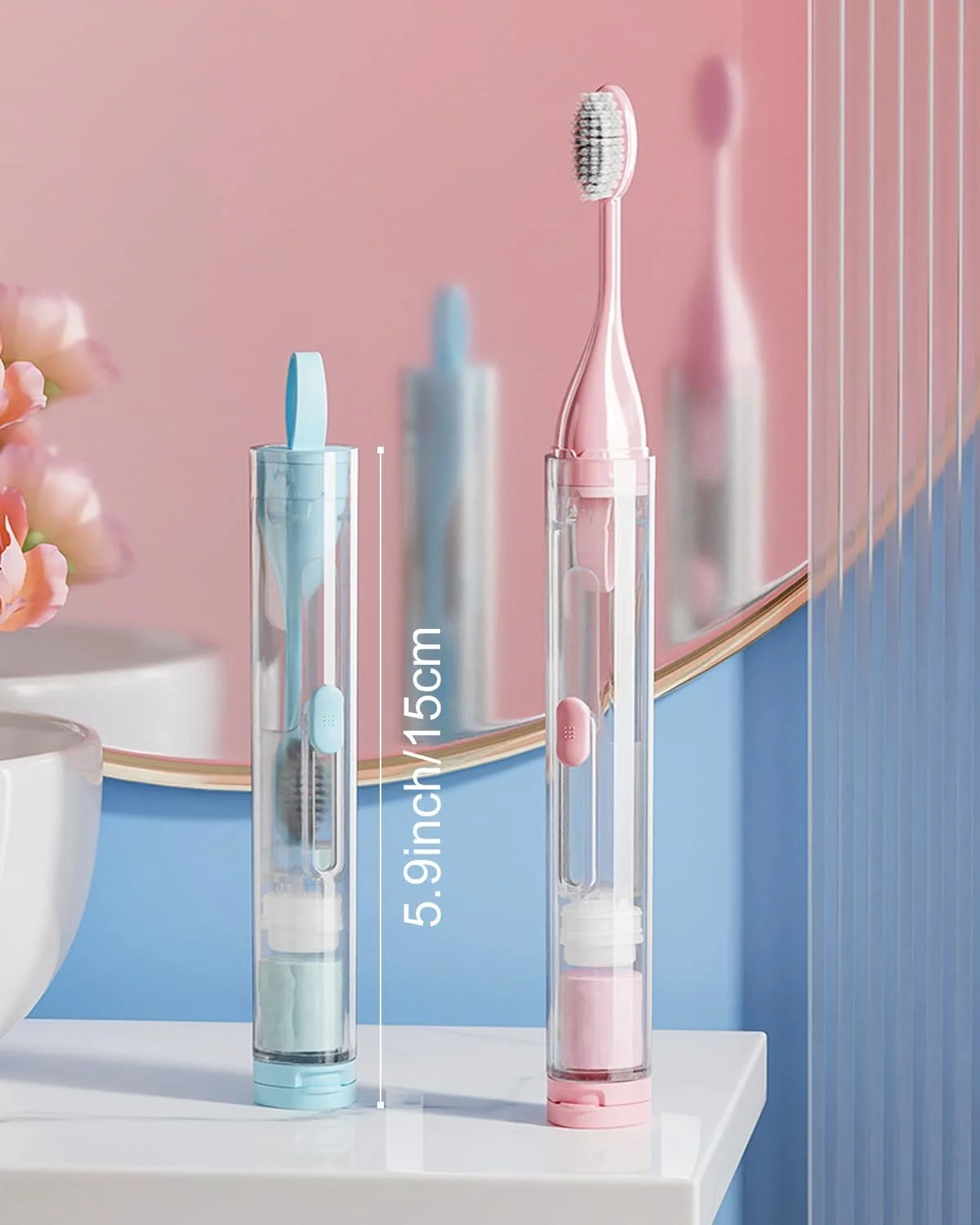 مسواک مسافرتی، 2 عدد قابل نگهداری در محفظه، جمع و جور و راحت، حمل آسان، برس های نرم مینی و دسته ارگونومیک، برای بزرگسالان و کودکان، برای سفر، کمپینگ، مدرسه، خانه، سفرهای کاری