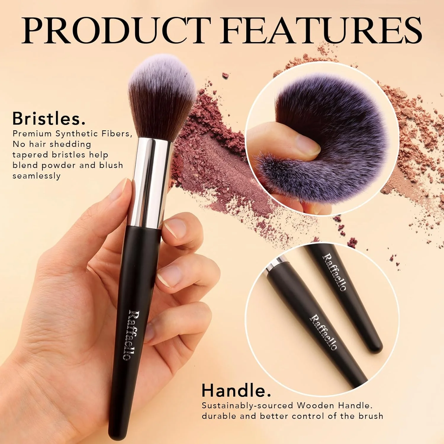 براش پودر بی نقص Raffaello، موهای مصنوعی درجه یک، شکل گنبدی بزرگ برای استفاده از رژگونه و پودر