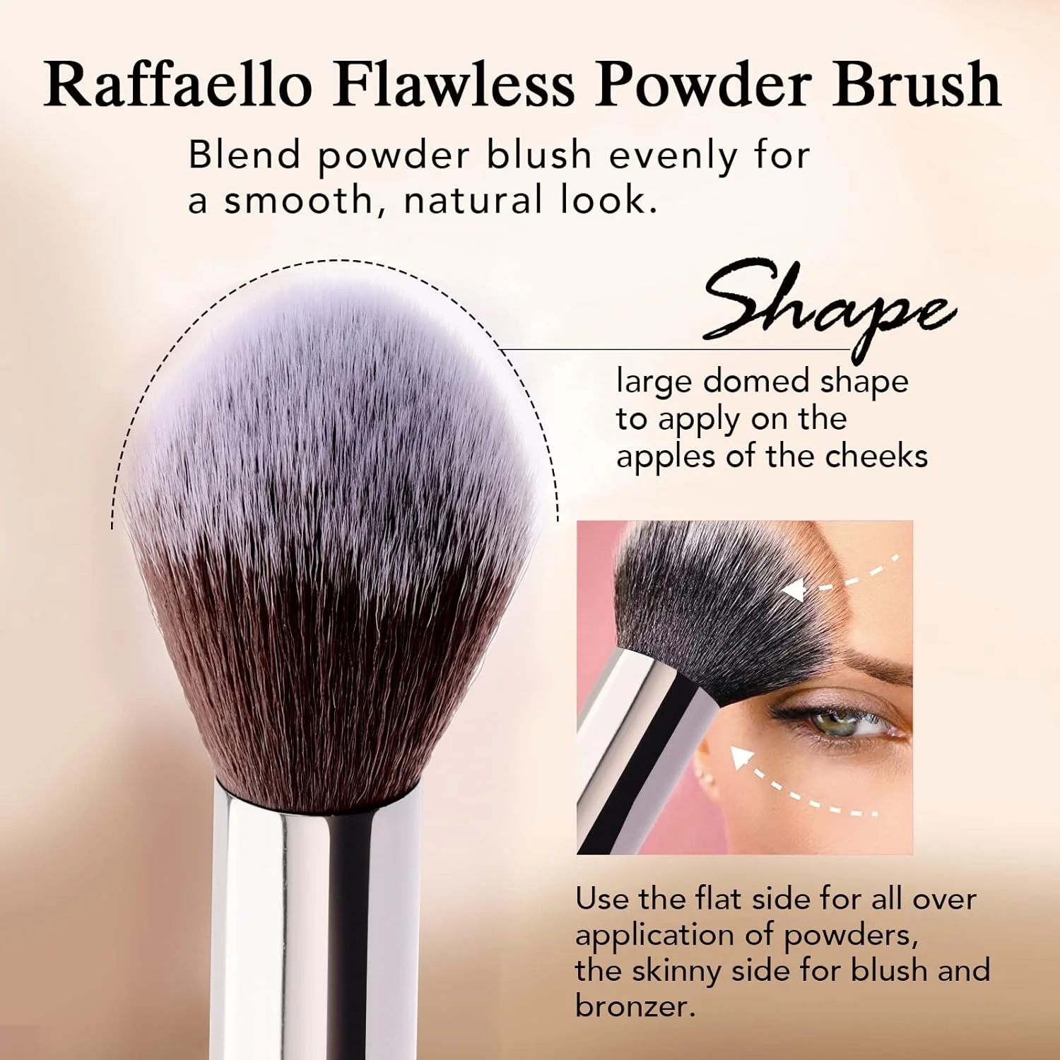 براش پودر بی نقص Raffaello، موهای مصنوعی درجه یک، شکل گنبدی بزرگ برای استفاده از رژگونه و پودر