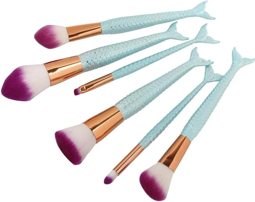 ست 6 عددی برس آرایشی پری دریایی با دسته دم ماهی آبی ست 6 عددی برس آرایشی پری دریایی با دسته دم ماهی آبی