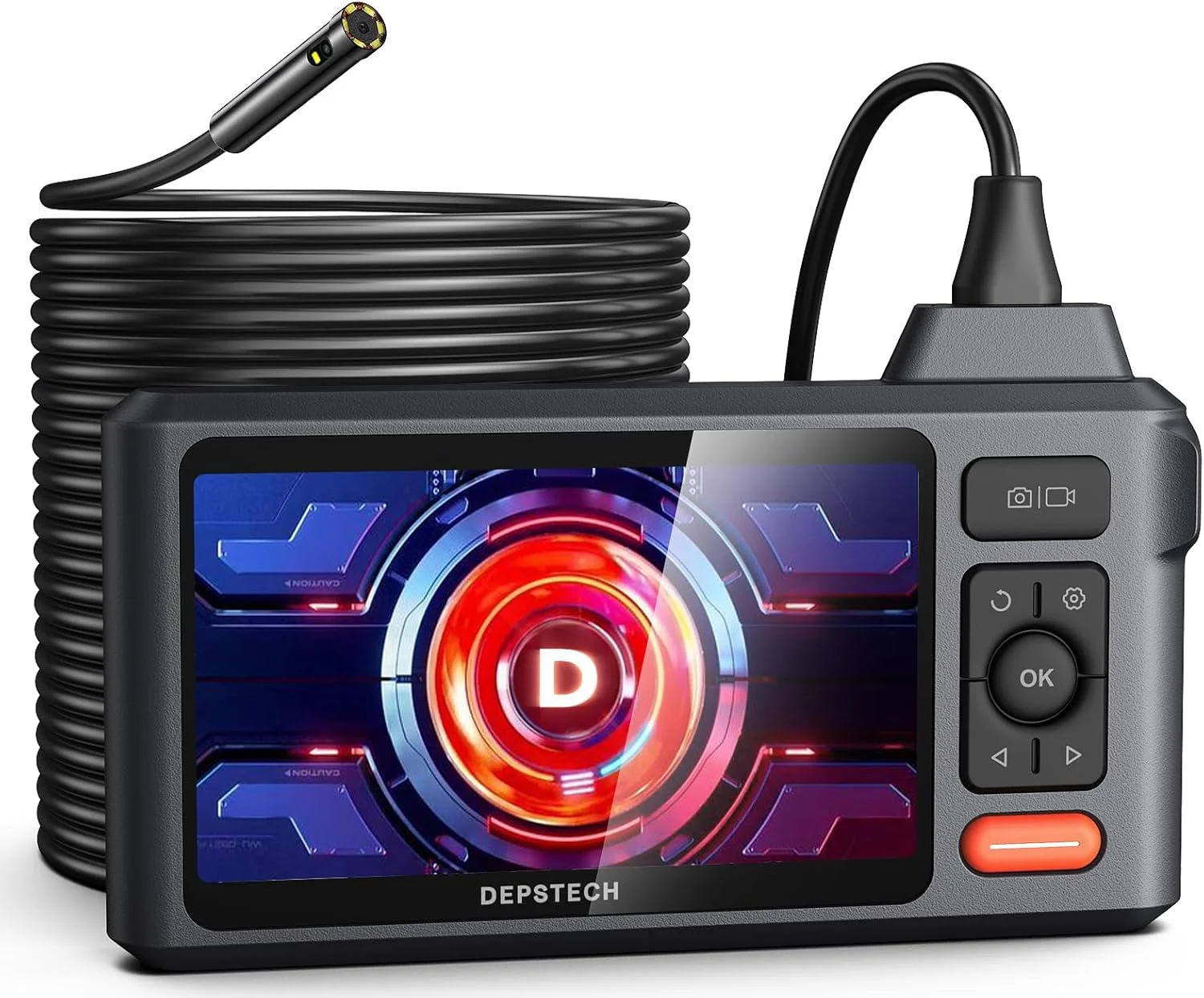 دوربین بازرسی DEPSTECH، دوربین آندوسکوپی دو لنز 1080P با چراغ، آندوسکوپ صفحه نمایش 5 اینچی IPS، صفحه نمایش تقسیم شده، دوربین مار ضد آب IP67، دوربین اسکوپ 7.9 میلی متری برای لوله تخلیه دیوار خودرو - 50FT