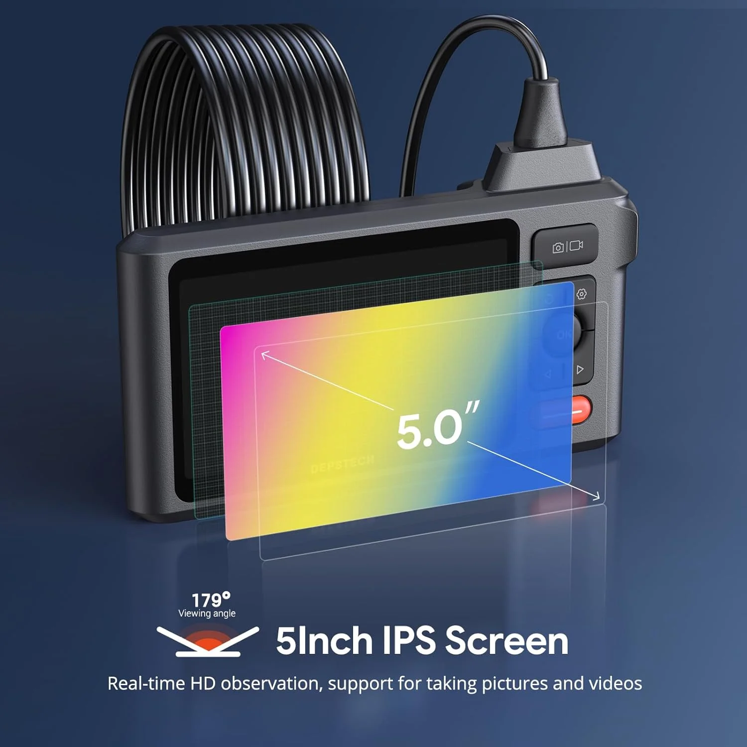 دوربین بازرسی DEPSTECH، دوربین آندوسکوپی دو لنز 1080P با چراغ، آندوسکوپ صفحه نمایش 5 اینچی IPS، صفحه نمایش تقسیم شده، دوربین مار ضد آب IP67، دوربین اسکوپ 7.9 میلی متری برای لوله تخلیه دیوار خودرو - 50FT