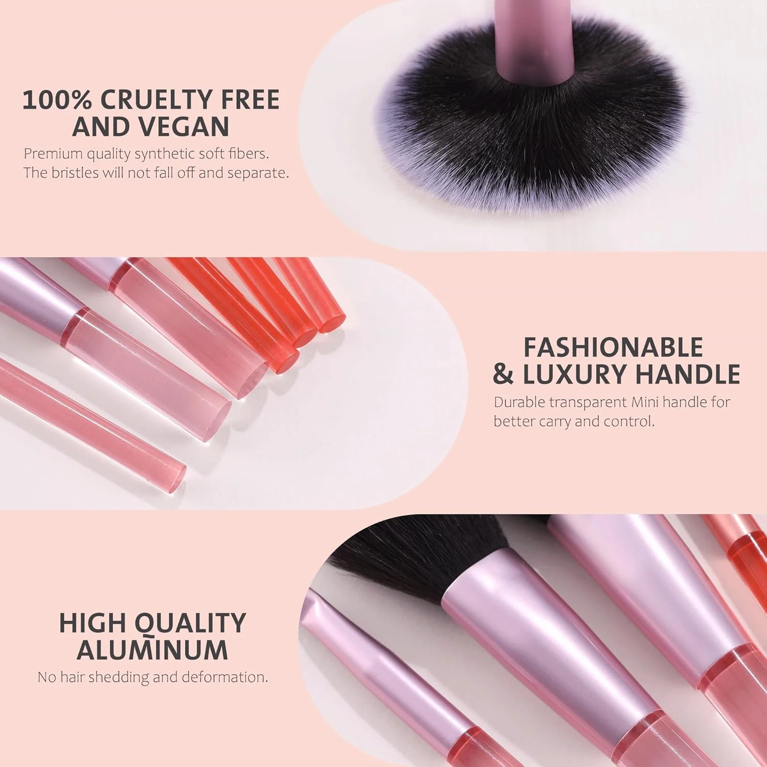 ست برس آرایشی مسافرتی موژیلان برای کرم پودر، سایه چشم، رژگونه، کانتور و کانسیلر، موهای متراکم و فوق العاده نرم، ست برس آرایشی کامل 6 تکه مینی (صورتی)