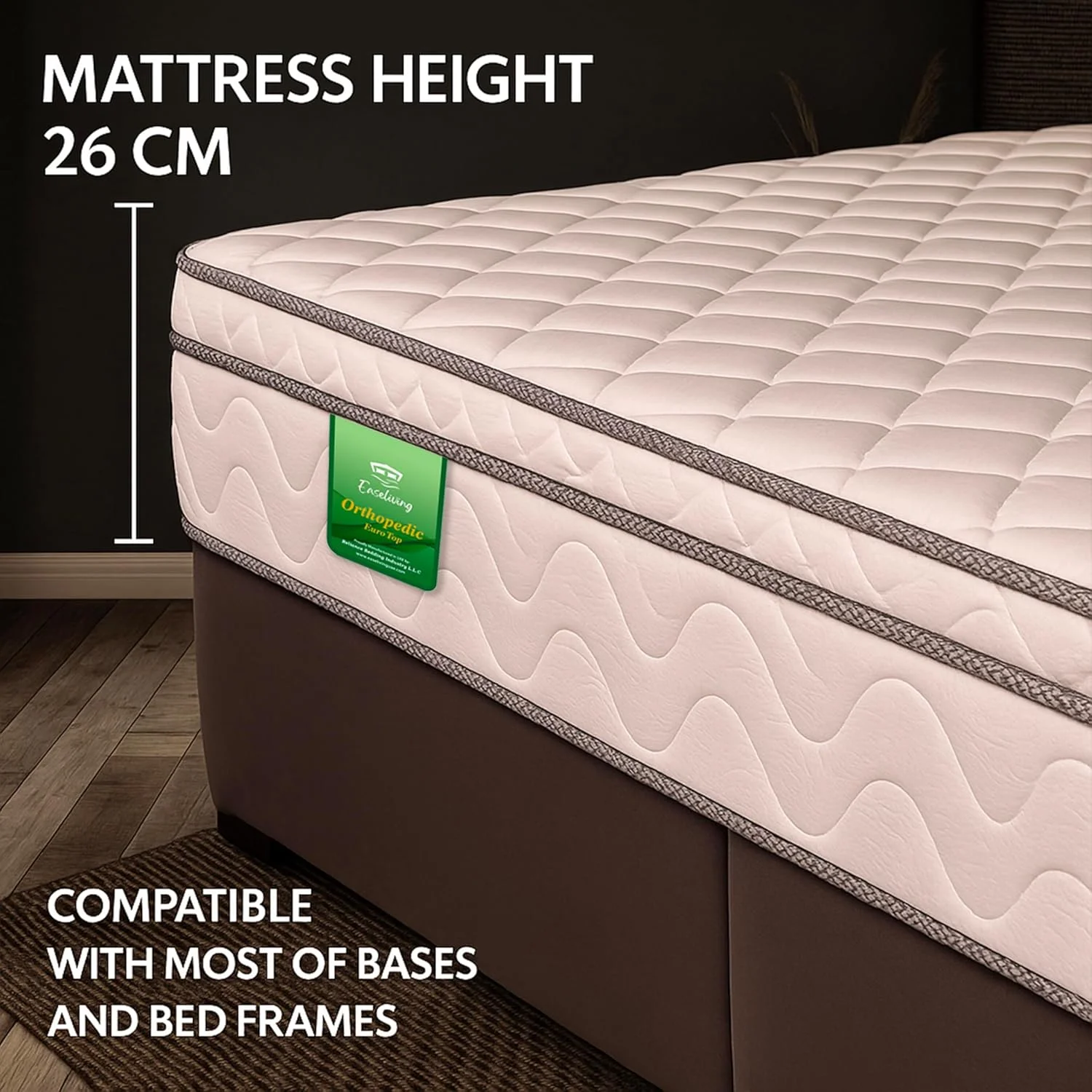 تشک طبی یورو تاپ Easeliving - عرض 180 x طول 200 x ضخامت 26 سانتی متر | تشک فنری با درجه سفتی متوسط | تسکین فشار و محافظت از ستون فقرات | فوم ساپورت | پارچه تنفسی مناسب برای تمام حالت های خواب