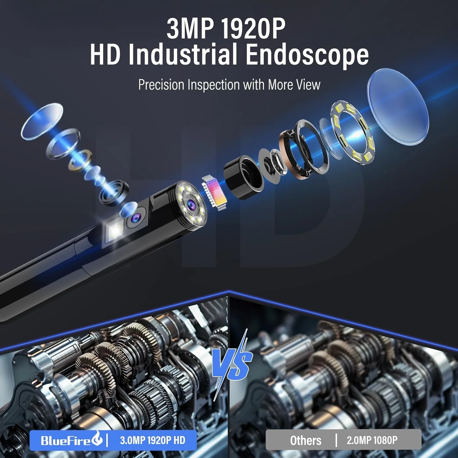 دوربین بازرسی آندوسکوپی دو لنز Beedove، لنز دوگانه 7.8 میلی‌متری 1920HD، ضد آب IP67، دوربین بورسکوپ با 9 چراغ LED، کابل ماری نیمه سخت 3.5 متری، سازگار با اندروید و iOS