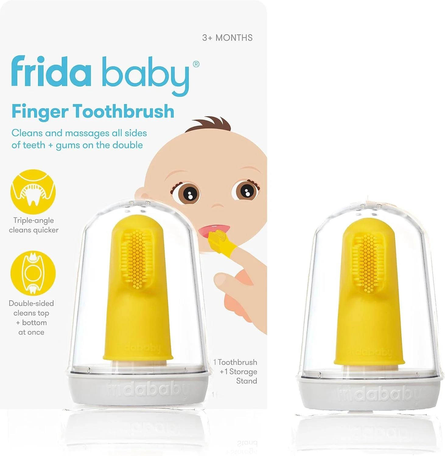 مسواک انگشتی فريدا بيبي SmileFrida، اولین مسواک کودک، 3 ماه به بالا، برس های سه زاویه، برس های نرم، مسواک + جعبه نگهداری