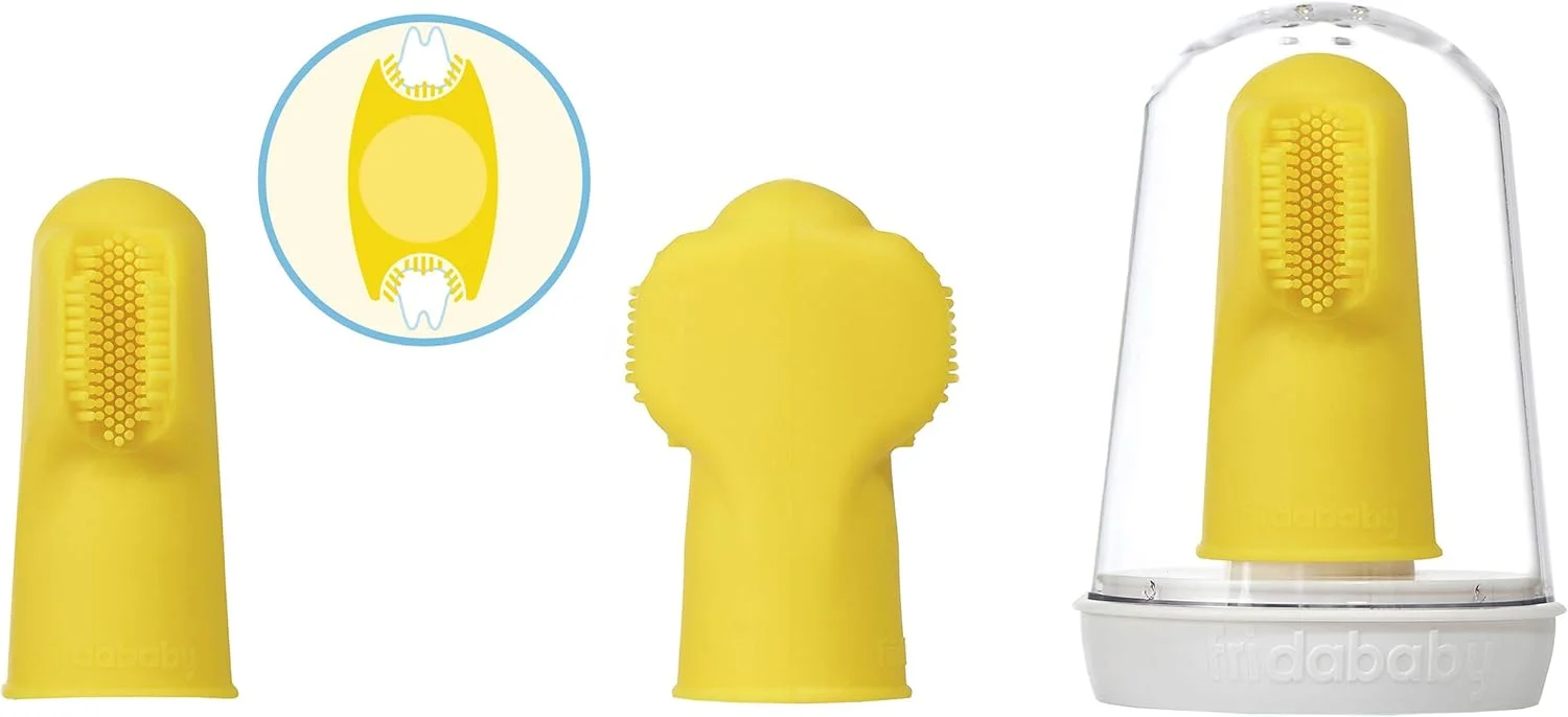 مسواک انگشتی فريدا بيبي SmileFrida، اولین مسواک کودک، 3 ماه به بالا، برس های سه زاویه، برس های نرم، مسواک + جعبه نگهداری