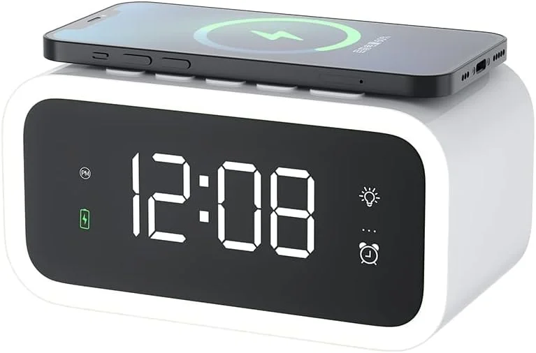 ساعت زنگ دار دیجیتال Excefore با شارژ بی سیم 15 واتی، ساعت دیجیتال چند منظوره با نمایش زمان، تاریخ، دما، دو منبع نور چراغ خواب، ساعت LED مدرن برای اتاق خواب، دفتر کار