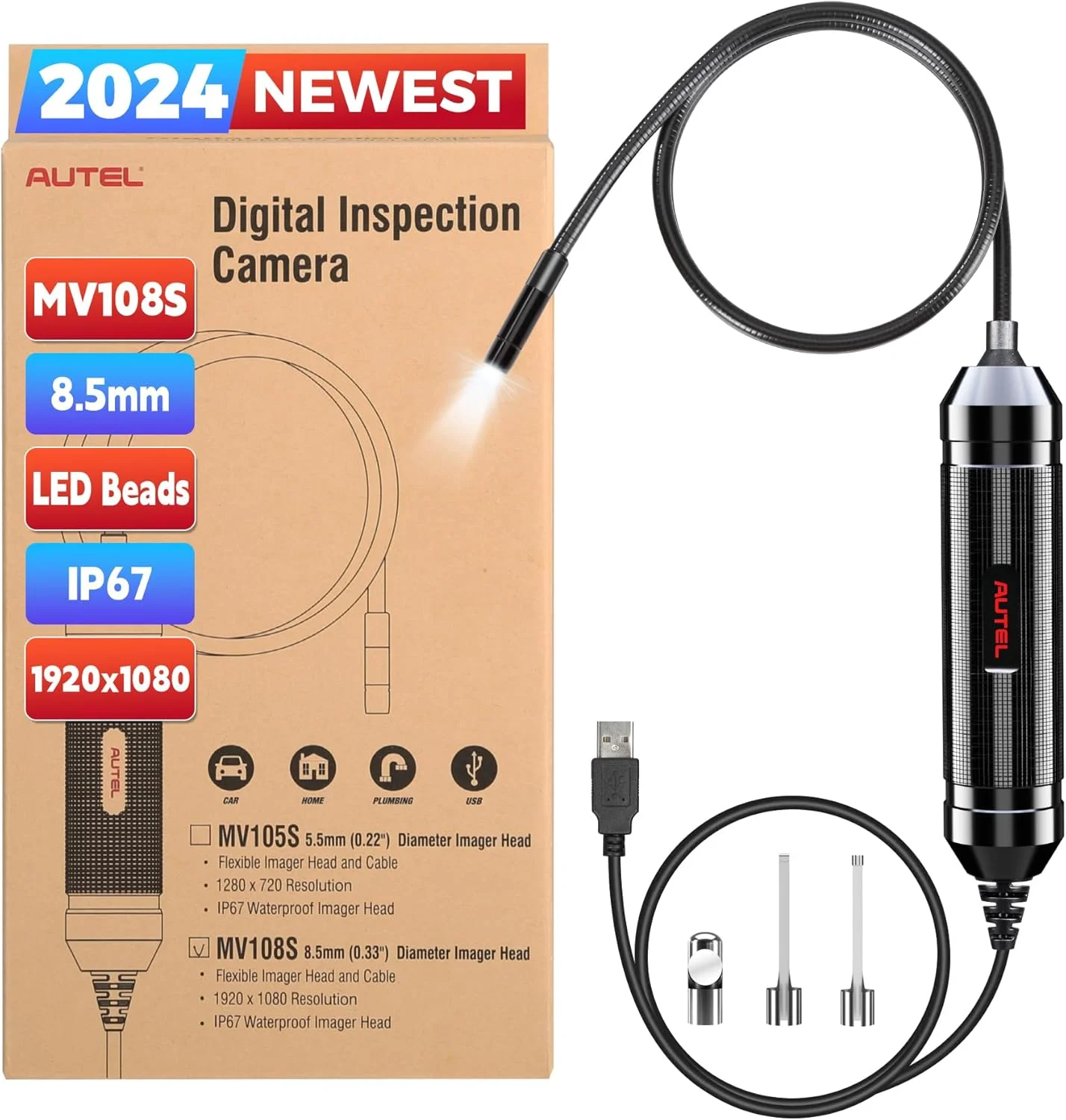 دوربین بازرسی دیجیتال Autel MaxiVideo MV108S، بورسکوپ آندوسکوپی USB HD 1920x1080 سازگار با MaxiSys یا کامپیوتر، دوربین آندوسکوپی ماری بسیار ظریف 0.3 اینچی با نور LED، ضد آب IP67، نسخه ارتقا یافته MV108