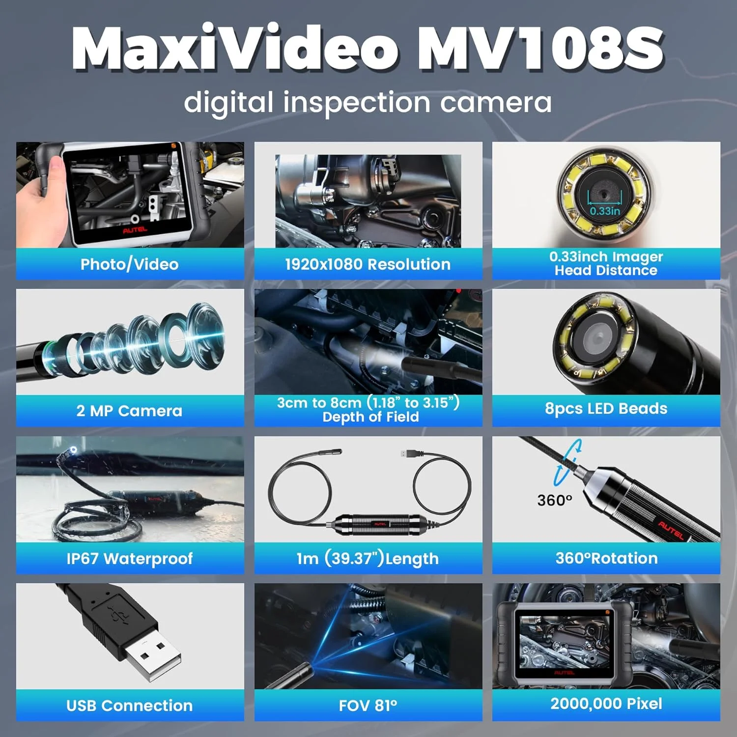 دوربین بازرسی دیجیتال Autel MaxiVideo MV108S، بورسکوپ آندوسکوپی USB HD 1920x1080 سازگار با MaxiSys یا کامپیوتر، دوربین آندوسکوپی ماری بسیار ظریف 0.3 اینچی با نور LED، ضد آب IP67، نسخه ارتقا یافته MV108 دوربین بازرسی دیجیتال Autel MaxiVideo MV108S، بورسکوپ آندوسکوپی USB HD 1920x1080 سازگار با MaxiSys یا کامپیوتر، دوربین آندوسکوپی ماری بسیار ظریف 0.3 اینچی با نور LED، ضد آب IP67، نسخه ارتقا یافته MV108