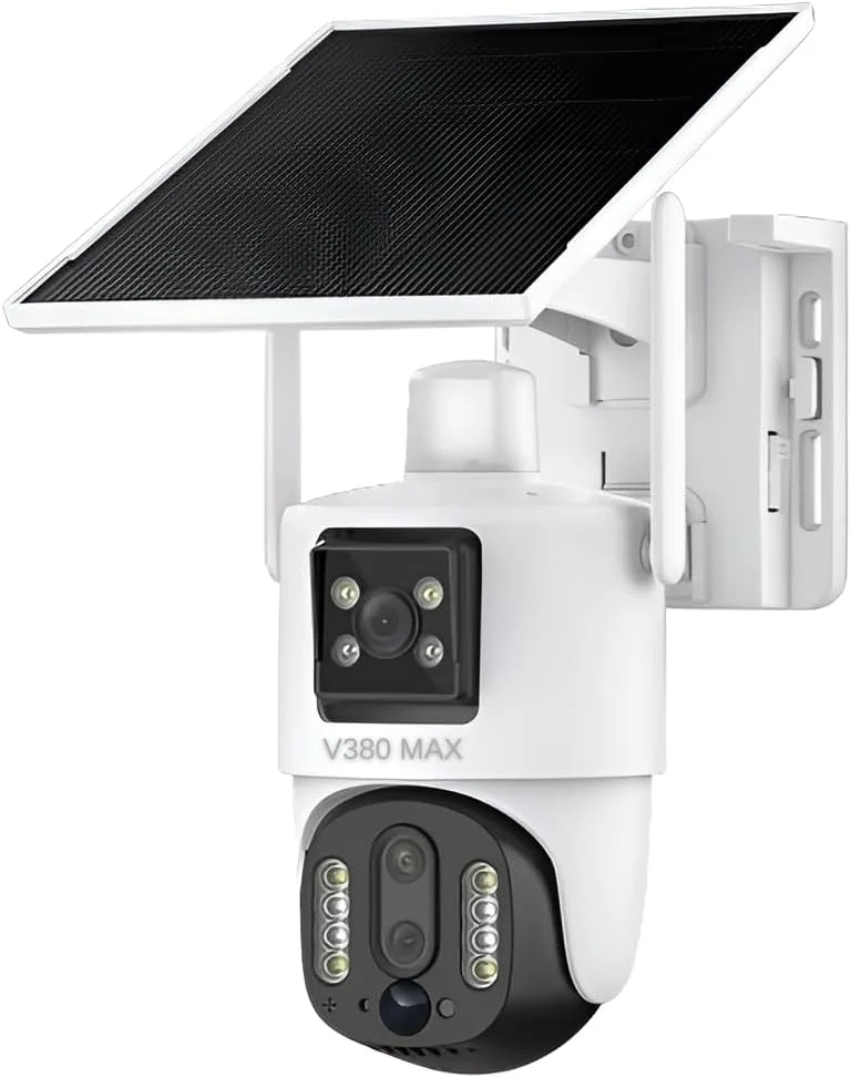 دوربین مداربسته خورشیدی V380 Max 4G با زوم اپتیکال 10X، دارای 3 لنز، 3 صفحه نمایش، کیفیت 4 مگاپیکسل، دوربین مداربسته V380 با قابلیت چرخش 355 درجه افقی و 90 درجه عمودی، ضد آب IP66، دید در شب رنگی 4K