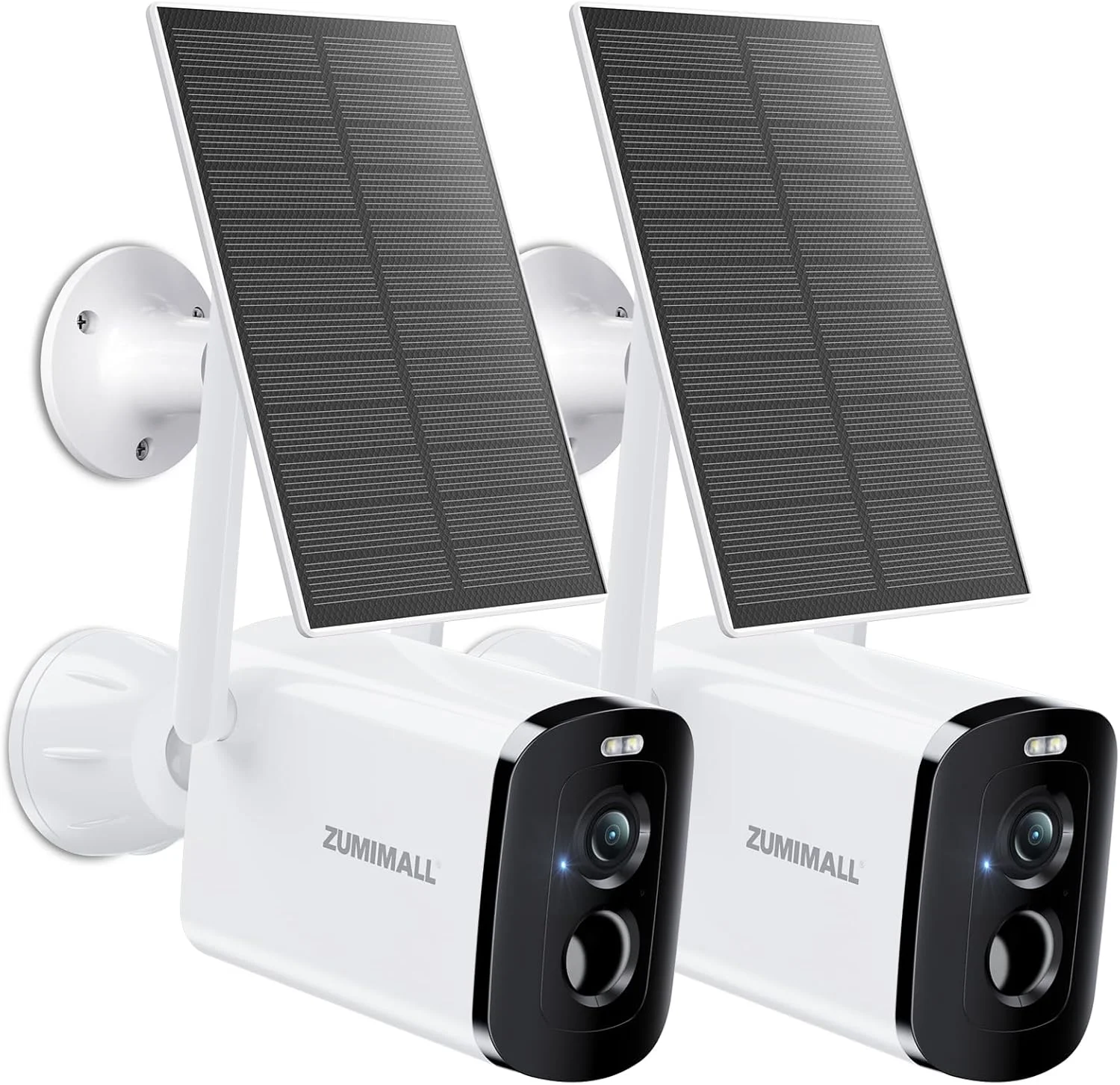 دوربین های امنیتی خورشیدی بی سیم ZUMIMALL برای فضای باز - بسته 2 عددی، دوربین 2K برای امنیت خانه با دید در شب رنگی، WiFi 2.4 گیگاهرتز، مکالمه 2 طرفه، نورافکن و آژیر، ضد آب IP66، سازگار با الکسا