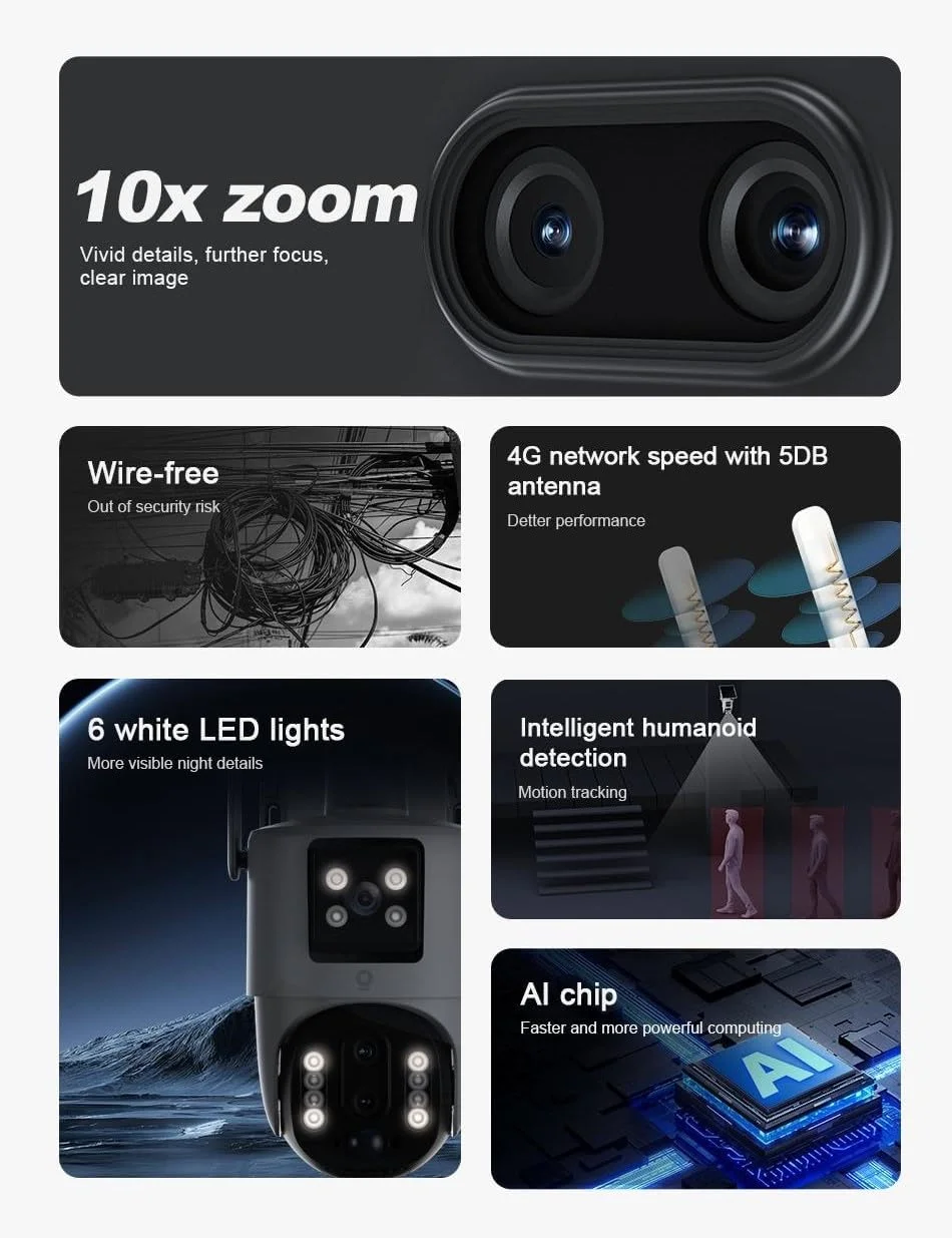 دوربین مداربسته خورشیدی V380 Max 4G با زوم اپتیکال 10X، دارای 3 لنز، 3 صفحه نمایش، کیفیت 4 مگاپیکسل، دوربین مداربسته V380 با قابلیت چرخش 355 درجه افقی و 90 درجه عمودی، ضد آب IP66، دید در شب رنگی 4K