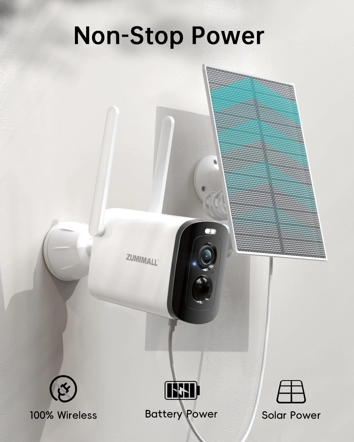 دوربین های امنیتی خورشیدی بی سیم ZUMIMALL برای فضای باز - بسته 2 عددی، دوربین 2K برای امنیت خانه با دید در شب رنگی، WiFi 2.4 گیگاهرتز، مکالمه 2 طرفه، نورافکن و آژیر، ضد آب IP66، سازگار با الکسا