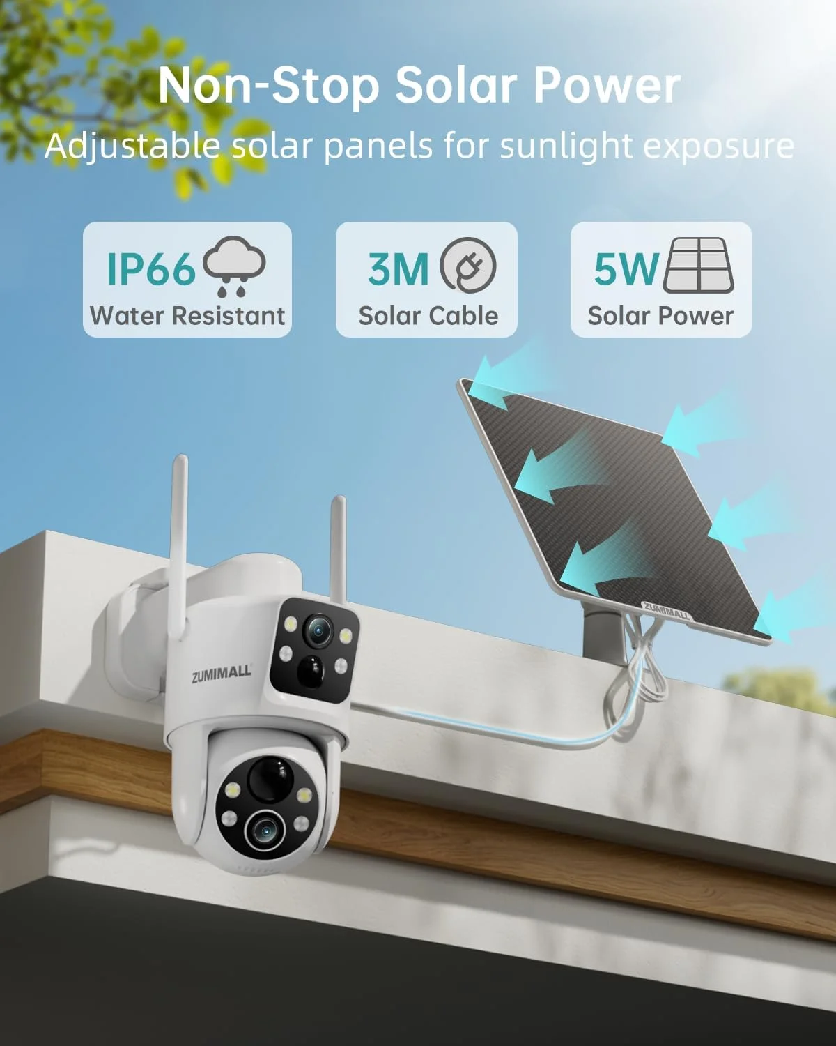 دوربین های امنیتی بی سیم خورشیدی ZUMIMALL برای فضای باز با لنز دوگانه، دوربین خورشیدی PTZ 360 درجه برای امنیت خانه، دید در شب رنگی واضح/تشخیص هوش مصنوعی/مکالمه 2 طرفه/WiFi 2.4GHz/آژیر و آلارم نور/IP66/Cloud/Alexa