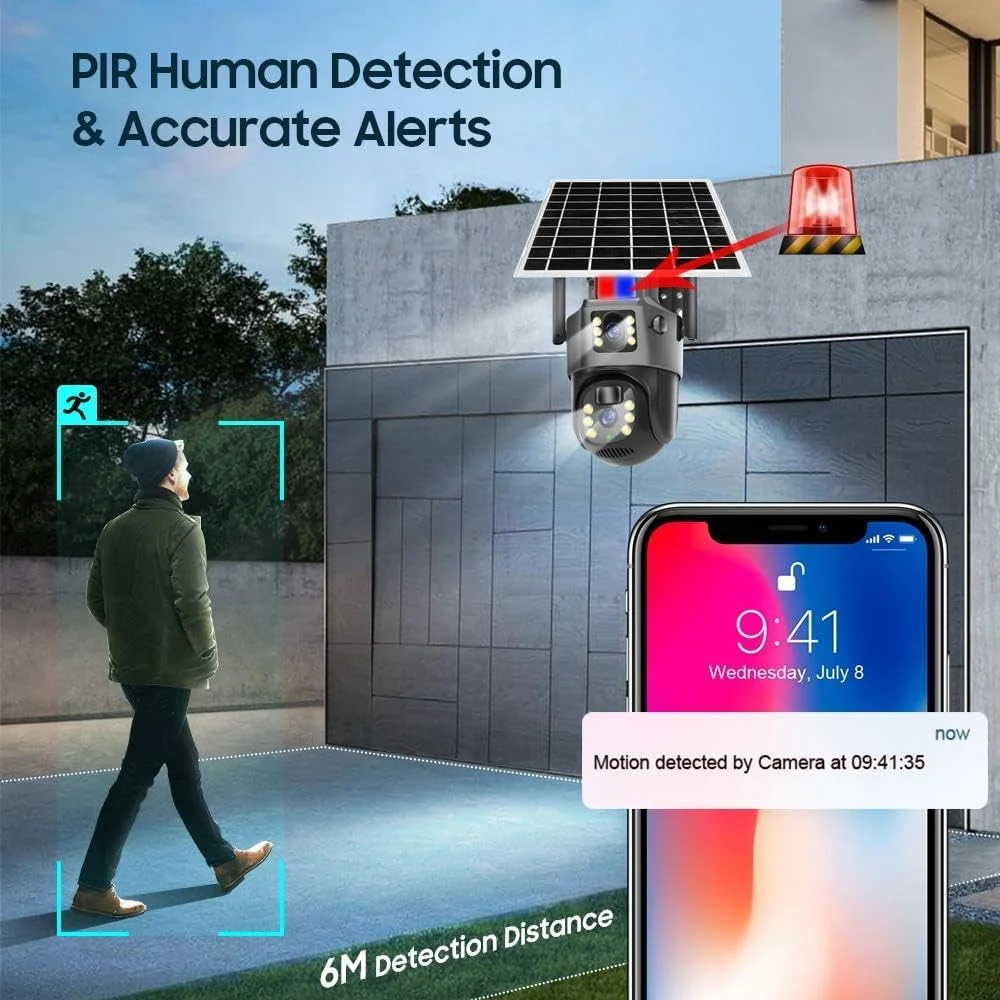 دوربین مداربسته خورشیدی 4G با زوم دیجیتال، 2 لنز، 2 صفحه نمایش، 4 مگاپیکسل V380 Pro، دوربین مداربسته خورشیدی 4G با قابلیت چرخش 355 درجه و شیب 90 درجه، ضد آب IP66، دید در شب رنگی 4K