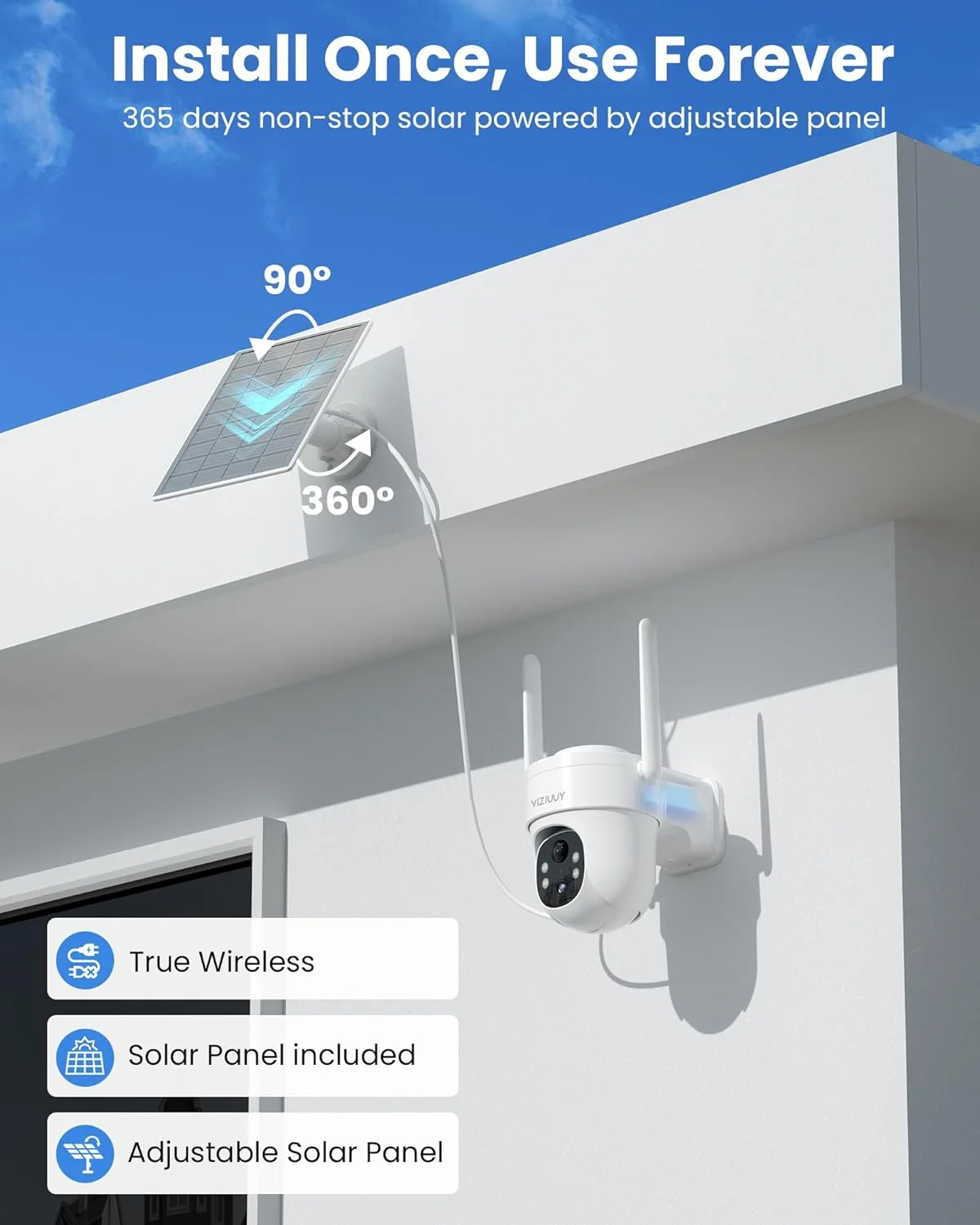 دوربین های امنیتی خورشیدی بی سیم فضای باز VIZIUUY، دوربین وای فای 3MP بی سیم 360 درجه با دید در شب رنگی، سنسور PIR، صدای 2 طرفه، الکسا، دستیار گوگل دوربین های امنیتی خورشیدی بی سیم فضای باز VIZIUUY، دوربین وای فای 3MP بی سیم 360 درجه با دید در شب رنگی، سنسور PIR، صدای 2 طرفه، الکسا، دستیار گوگل