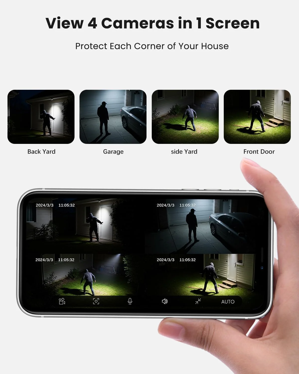 دوربین های امنیتی خورشیدی بی سیم فضای باز VIZIUUY بسته 4 عددی، دوربین های امنیتی 3 مگاپیکسلی بی سیم فضای باز، دوربین وای فای 360 درجه با قابلیت چرخش افقی و عمودی با دید در شب رنگی/سنسور PIR/صدای دو طرفه/Alexa