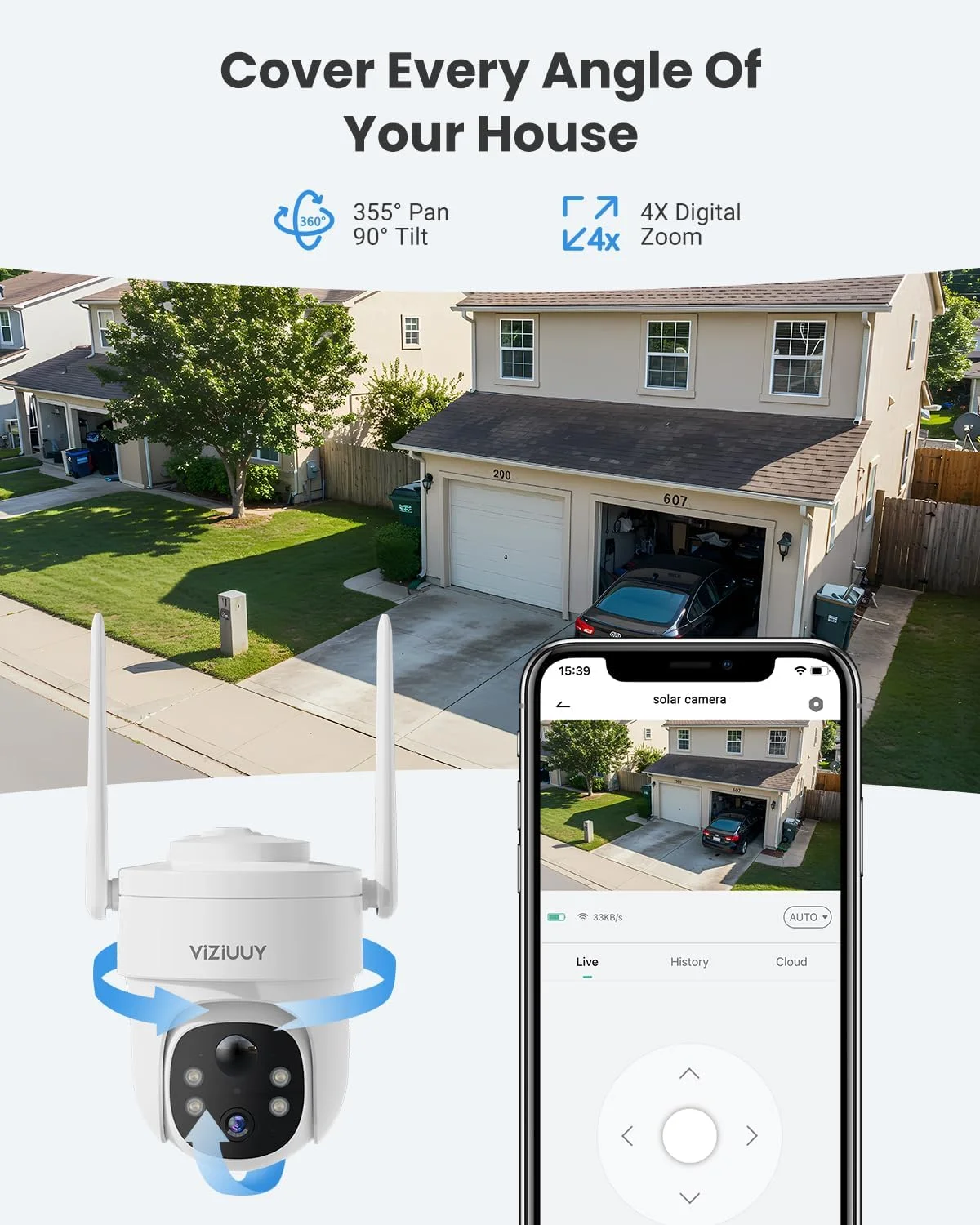 دوربین های امنیتی خورشیدی بی سیم فضای باز VIZIUUY، دوربین وای فای 3MP بی سیم 360 درجه با دید در شب رنگی، سنسور PIR، صدای 2 طرفه، الکسا، دستیار گوگل دوربین های امنیتی خورشیدی بی سیم فضای باز VIZIUUY، دوربین وای فای 3MP بی سیم 360 درجه با دید در شب رنگی، سنسور PIR، صدای 2 طرفه، الکسا، دستیار گوگل