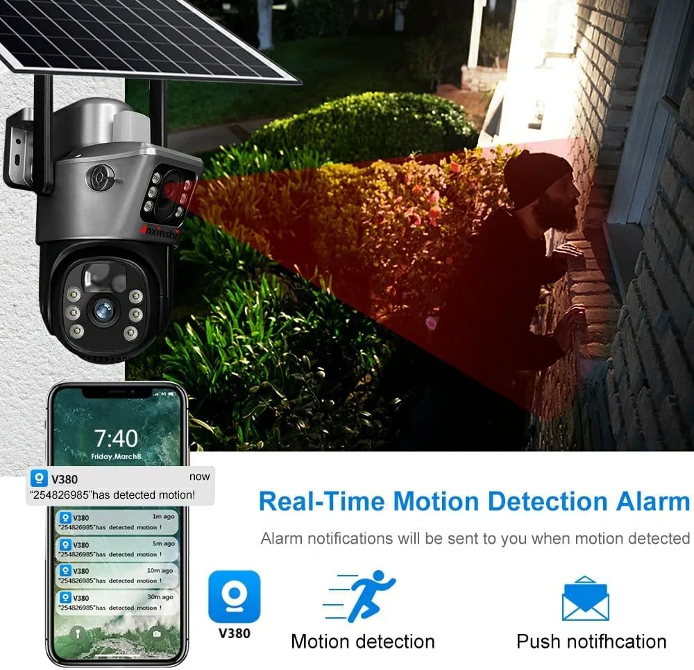 دوربین امنیتی خورشیدی با PTZ، دوربین وای فای فضای باز با چراغ های LED، با پنل خورشیدی تغذیه می شود، 1080P دوربین امنیتی خورشیدی با PTZ، دوربین وای فای فضای باز با چراغ های LED، با پنل خورشیدی تغذیه می شود، 1080P