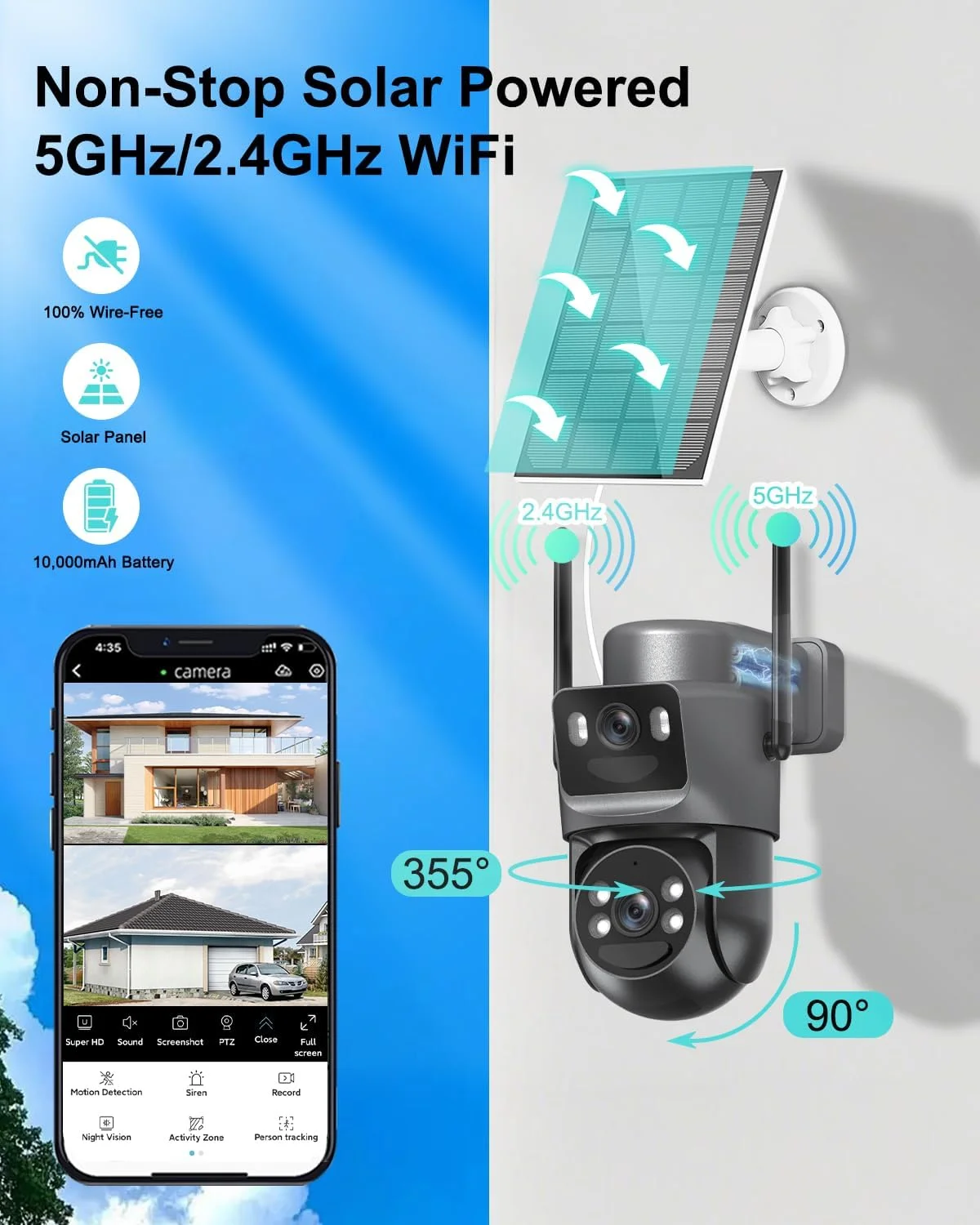 دوربین های امنیتی 4K بی سیم خورشیدی با باتری، دوربین های PTZ با وای فای 5 گیگاهرتز/2.4 گیگاهرتز 360 درجه برای امنیت خانه با لنز دوگانه، دید در شب رنگی، تشخیص انسان، آژیر، صدای دو طرفه، IP66 دوربین های امنیتی 4K بی سیم خورشیدی با باتری، دوربین های PTZ با وای فای 5 گیگاهرتز/2.4 گیگاهرتز 360 درجه برای امنیت خانه با لنز دوگانه، دید در شب رنگی، تشخیص انسان، آژیر، صدای دو طرفه، IP66