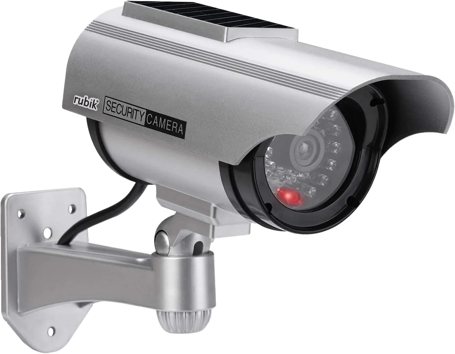 دوربین مداربسته جعلی طرح رُبیک خورشیدی با چراغ LED چشمک زن، دوربین امنیتی شبیه سازی نظارتی قابل تنظیم، دوربین گلوله ای امنیتی داخلی/خارجی با چراغ LED (نقره ای)