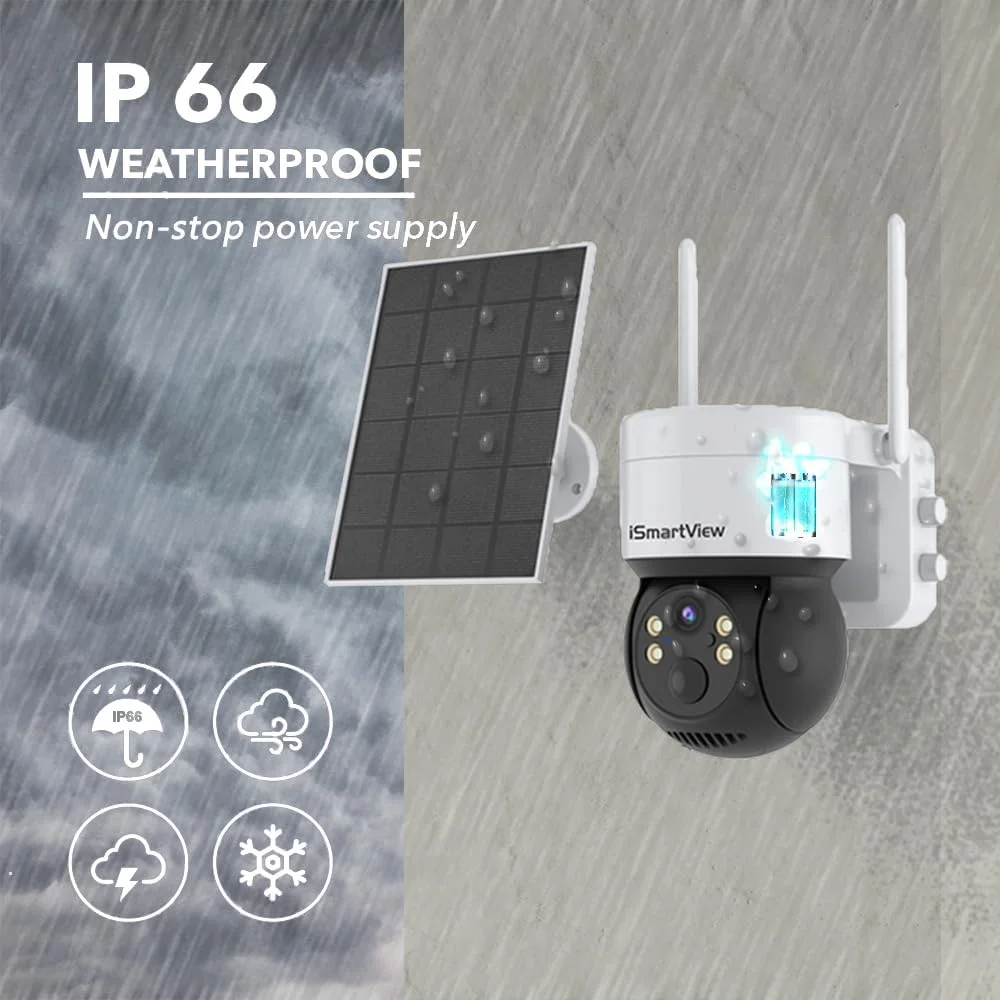 دوربین های امنیتی بی سیم LuckSun برای فضای باز، سیستم دوربین وای فای خورشیدی 2K با چرخش 355 درجه PTZ برای امنیت خانه، دوربین با باتری با دید در شب، سنسور حرکتی هوش مصنوعی، نورافکن ضد آب IP66، صدای دو طرفه