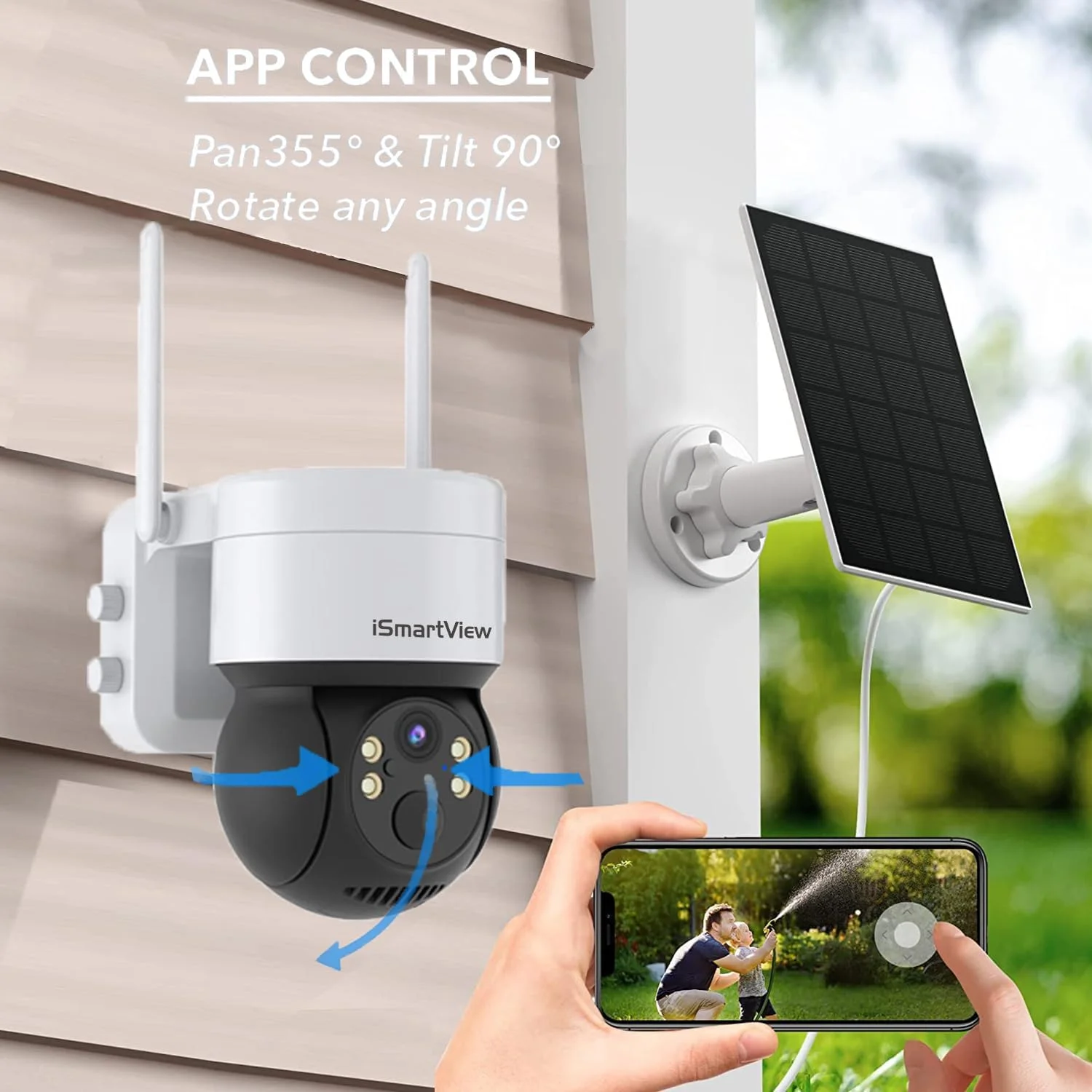 دوربین های امنیتی بی سیم LuckSun برای فضای باز، سیستم دوربین وای فای خورشیدی 2K با چرخش 355 درجه PTZ برای امنیت خانه، دوربین با باتری با دید در شب، سنسور حرکتی هوش مصنوعی، نورافکن ضد آب IP66، صدای دو طرفه